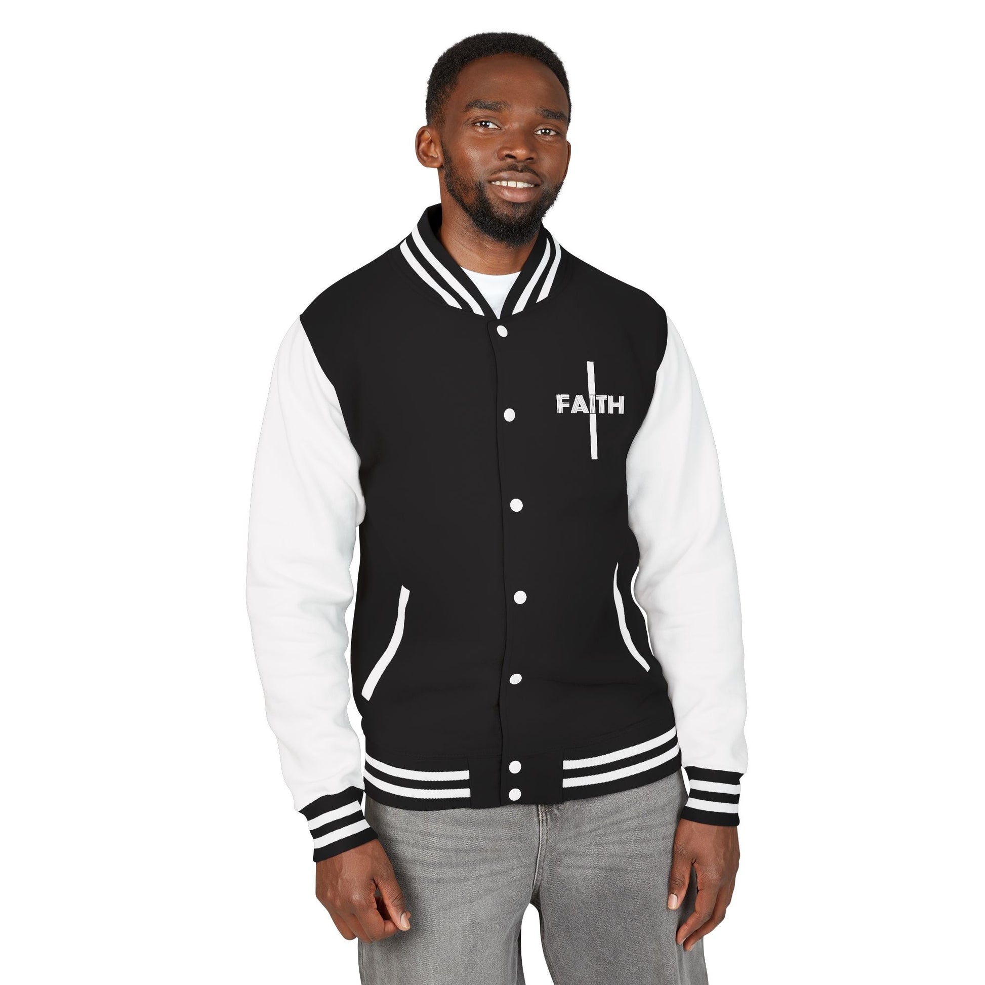 Unisex Heavyweight Letterman Jacket, Faith-based Jacket, Vintage Style Sports Jacket, College Spirit Wear, Casual Outwear, Gifts for Sports Lovers, Fall Fashion
