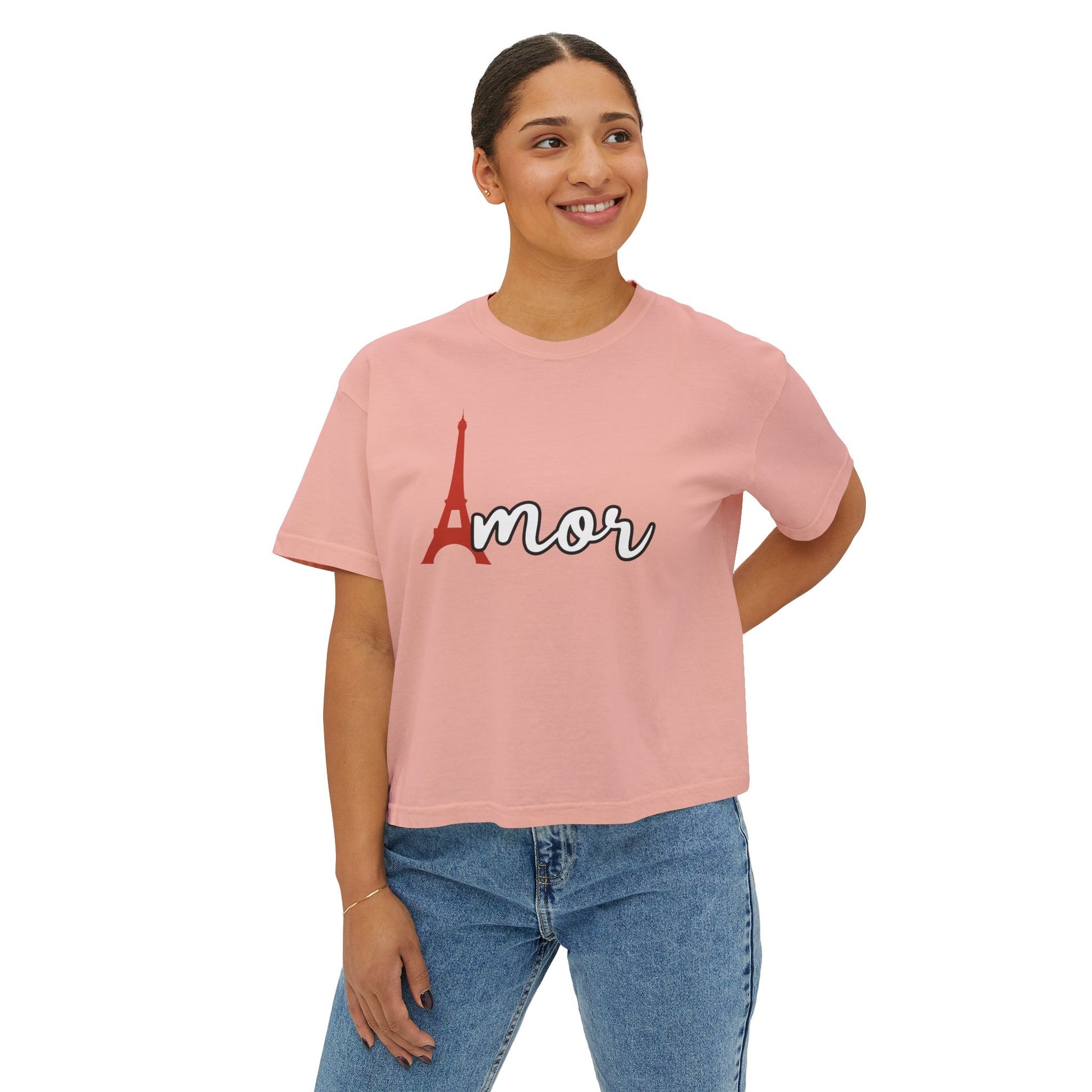 Amor Eiffel Tower Valentine Women's Boxy Tee — Cute Spanish Love Graphic