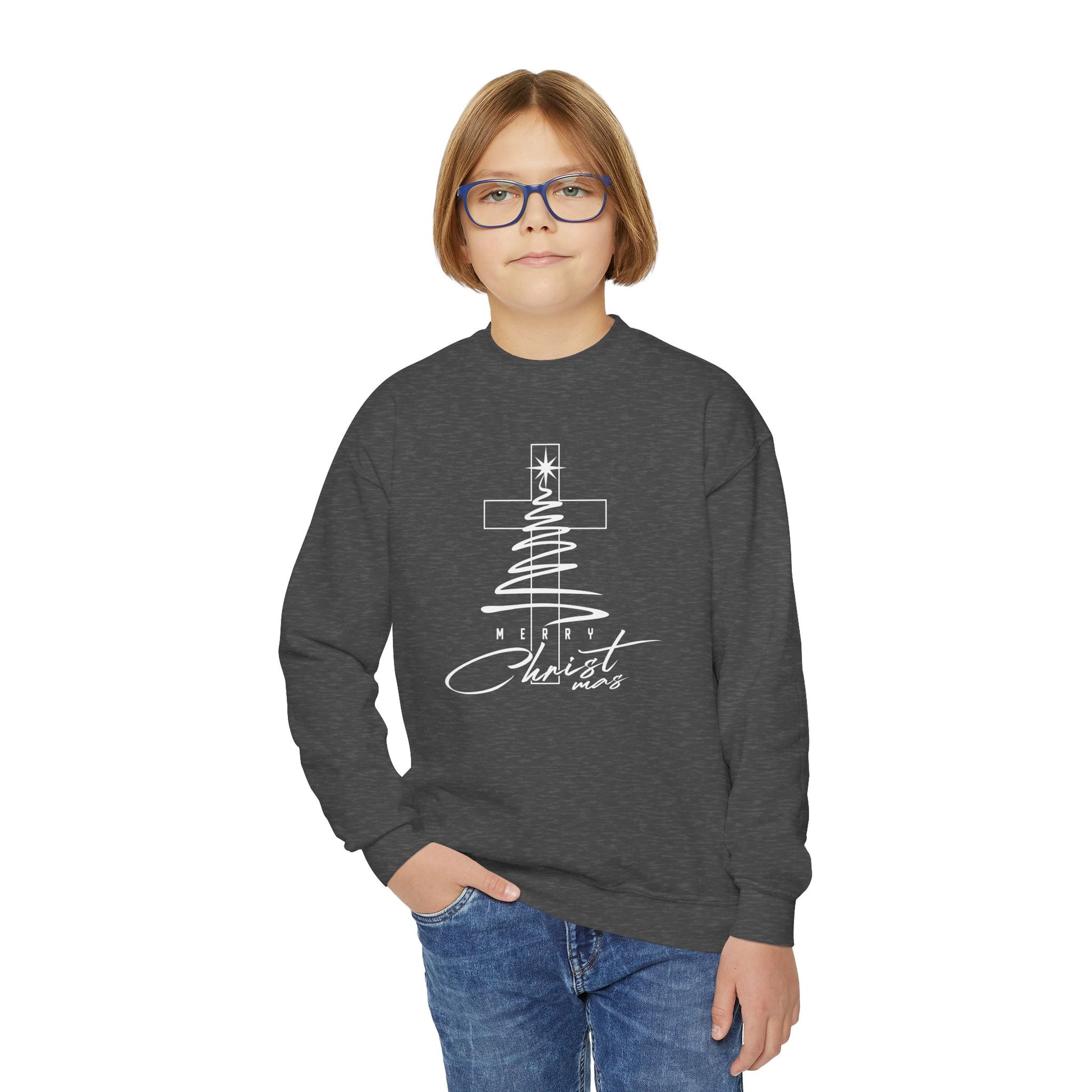 Youth Crewneck Sweatshirt - Faith Christmas Cross Tree "No Greater Joy in Christ"