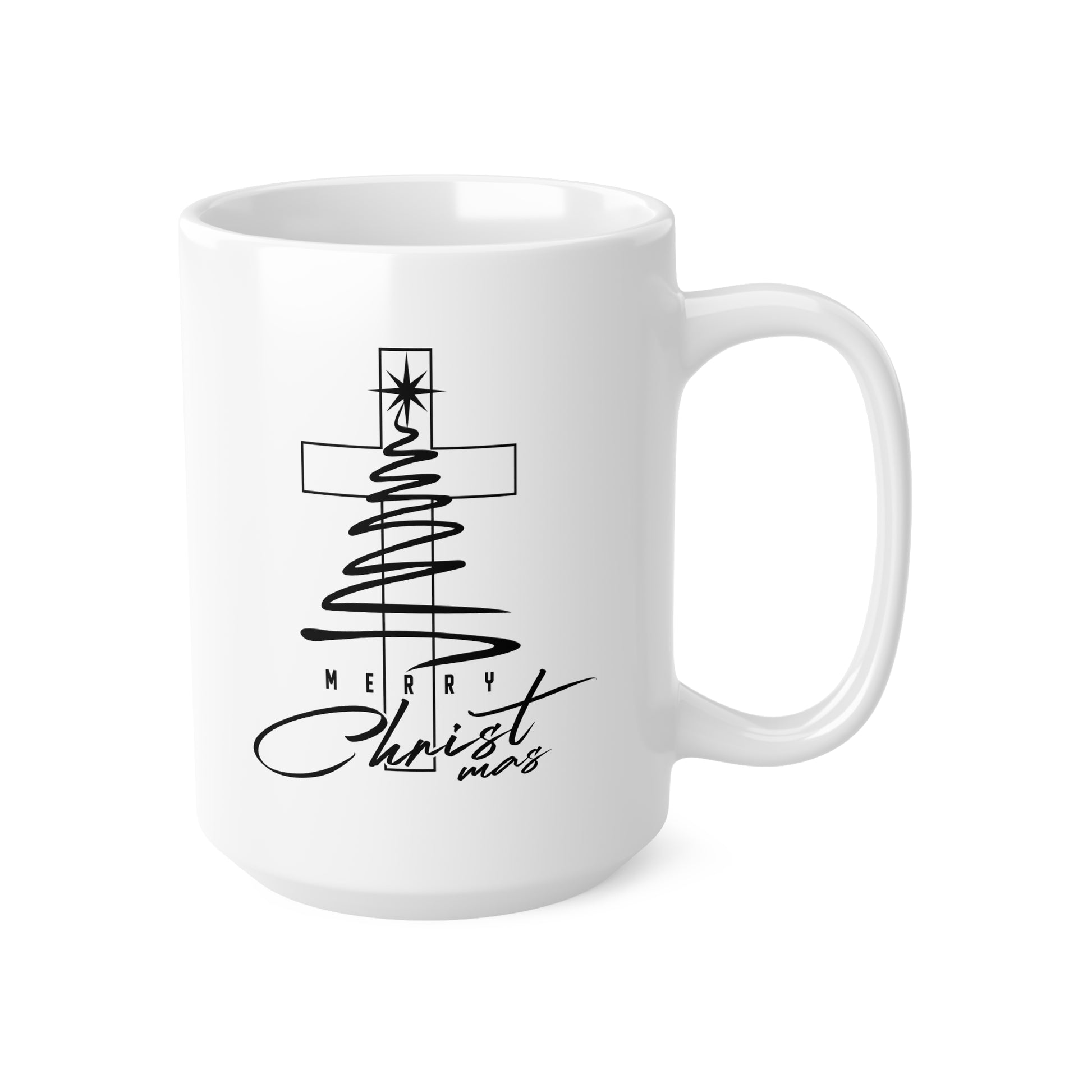 Ceramic Coffee Mug, Merry Christmas Cross Tree, Religious Christmas Gift, 11oz & 15oz