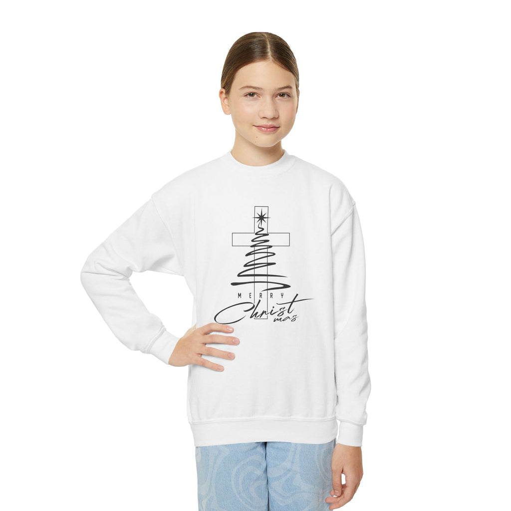 Youth Crewneck Sweatshirt - Faith Christmas Cross Tree "No Greater Joy in Christ"