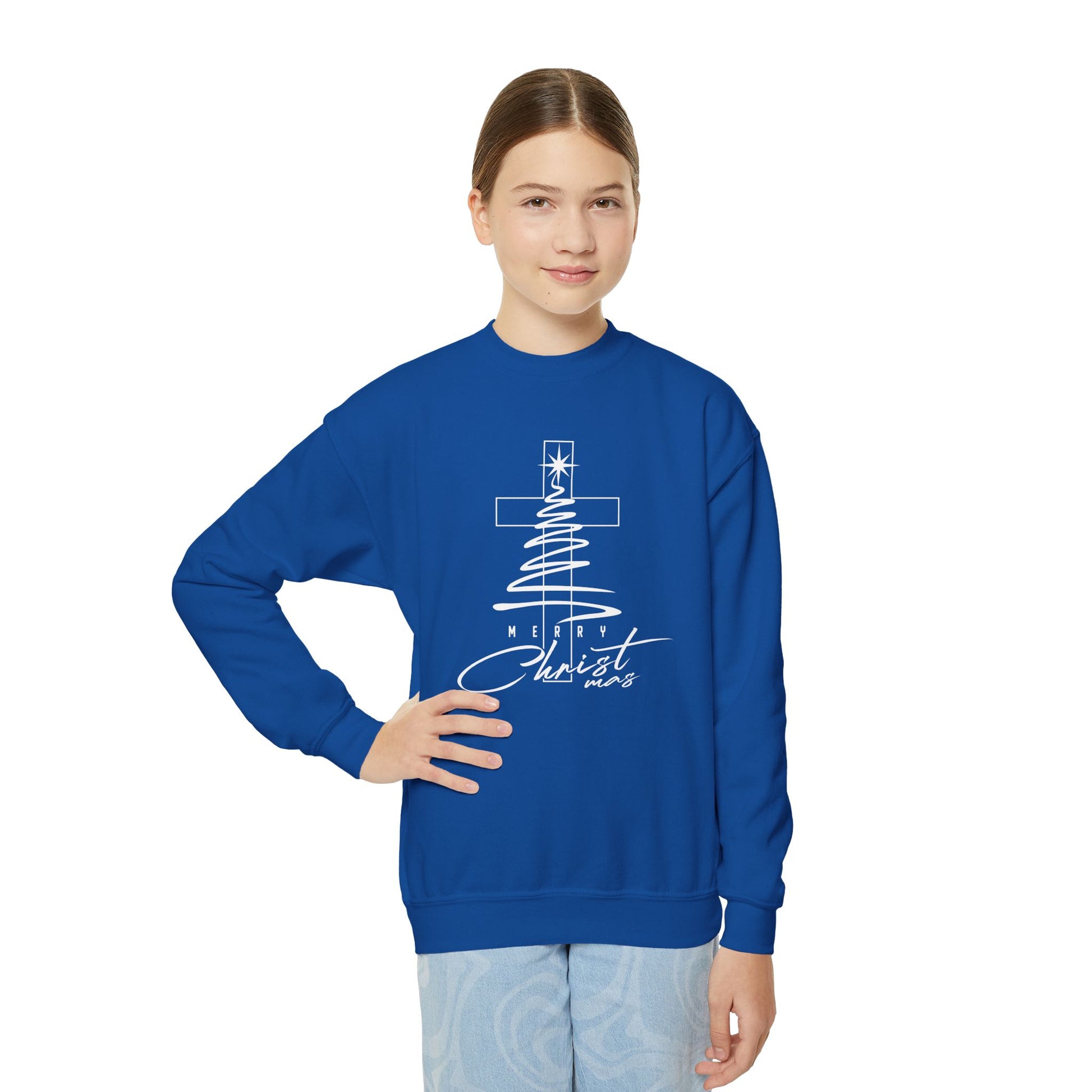Youth Crewneck Sweatshirt - Faith Christmas Cross Tree "No Greater Joy in Christ"