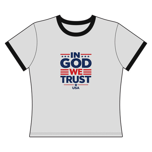 'In God We Trust, USA' Women's Ringer Tee — Patriotic Christian Graphic Shirt