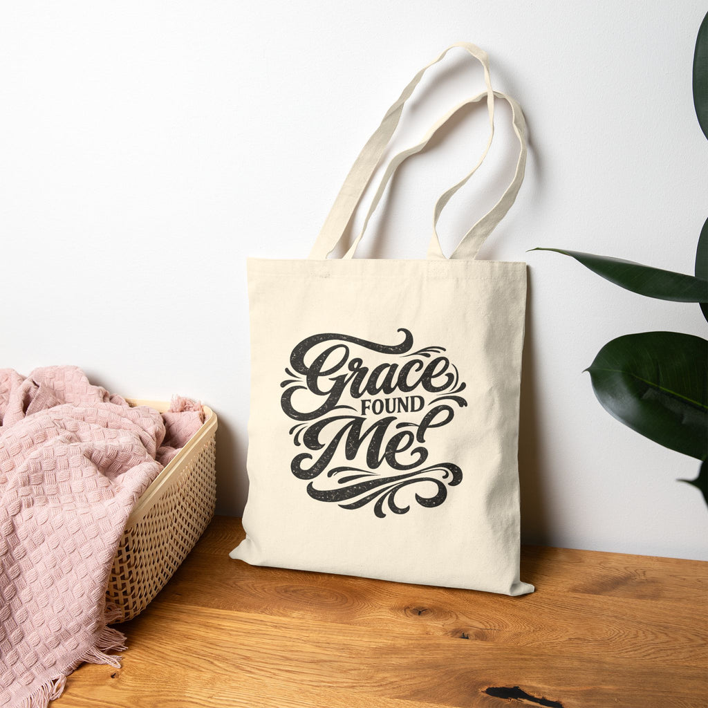 Canvas Tote Bag — "Grace Found Me" Inspirational Script Tote