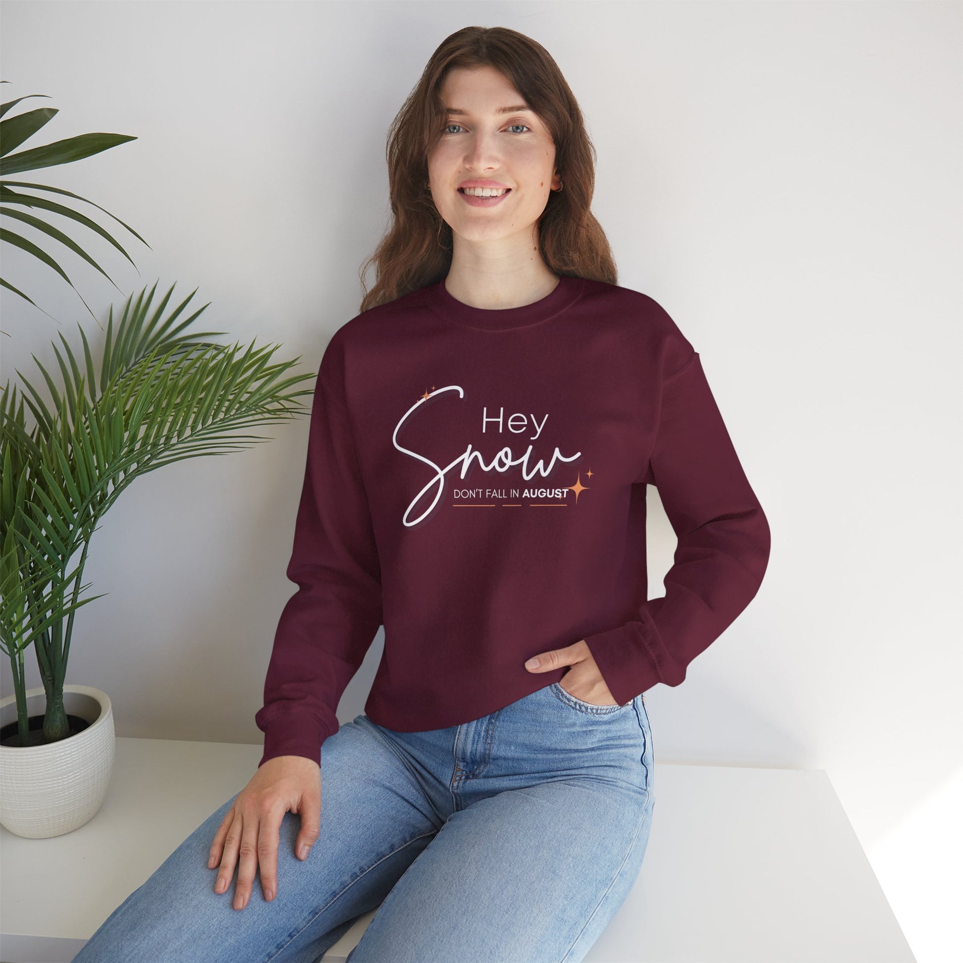 Unisex Crewneck Sweatshirt, Snow Don't fall in August Tee, Cozy Winter Apparel, Trendy Gift for Snow Lovers, Stylish Layering Piece, Perfect for Holidays