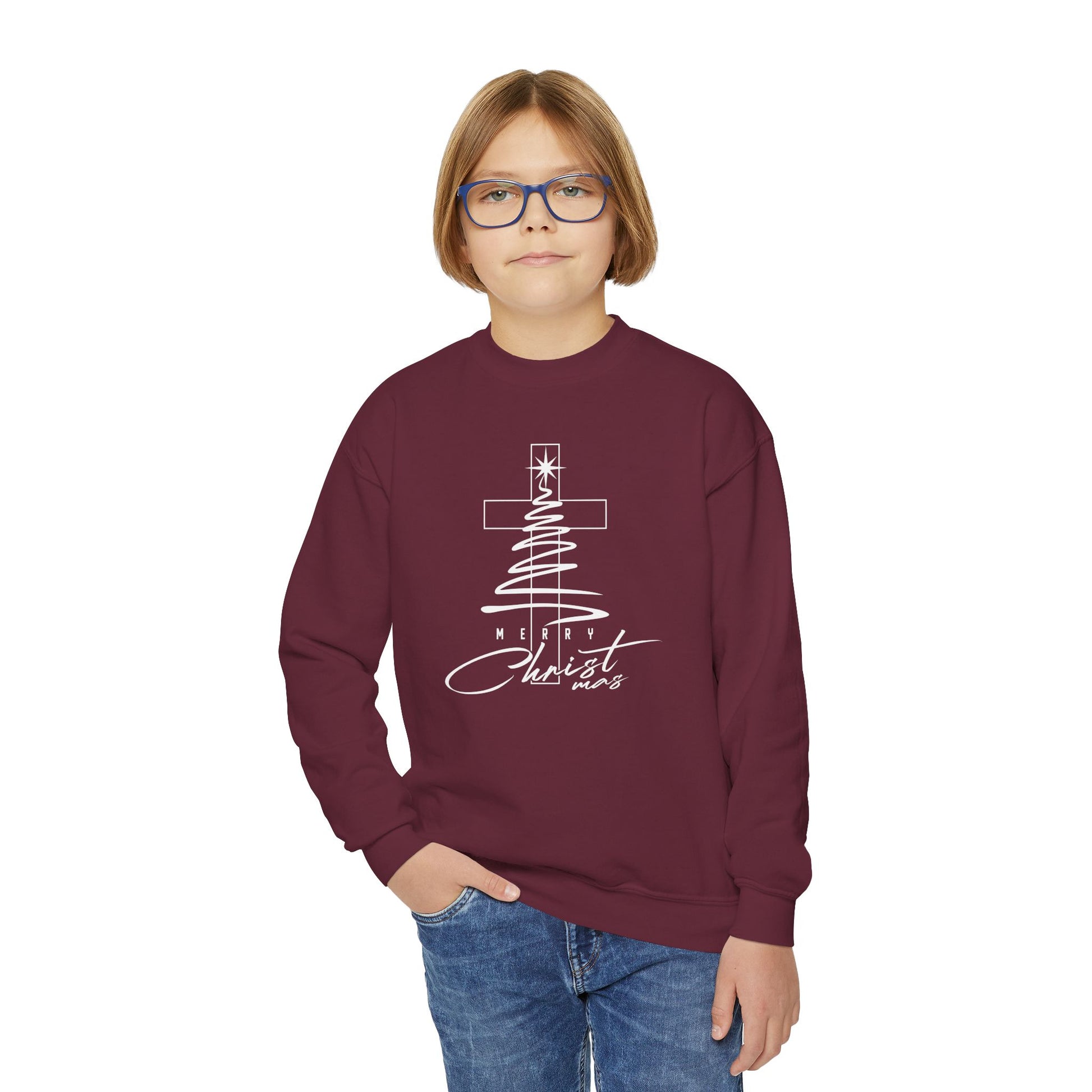 Youth Crewneck Sweatshirt - Faith Christmas Cross Tree "No Greater Joy in Christ"
