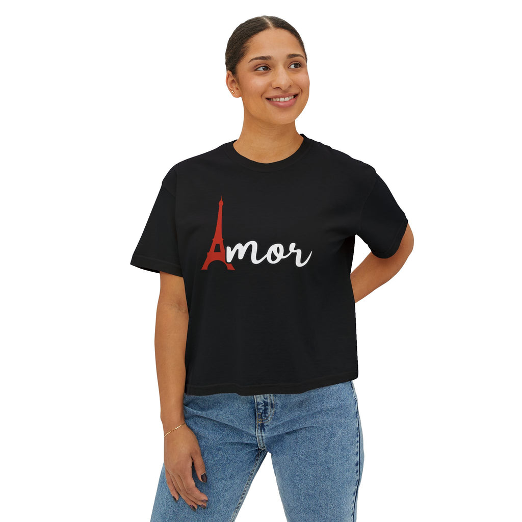 Amor Eiffel Tower Valentine Women's Boxy Tee — Cute Spanish Love Graphic