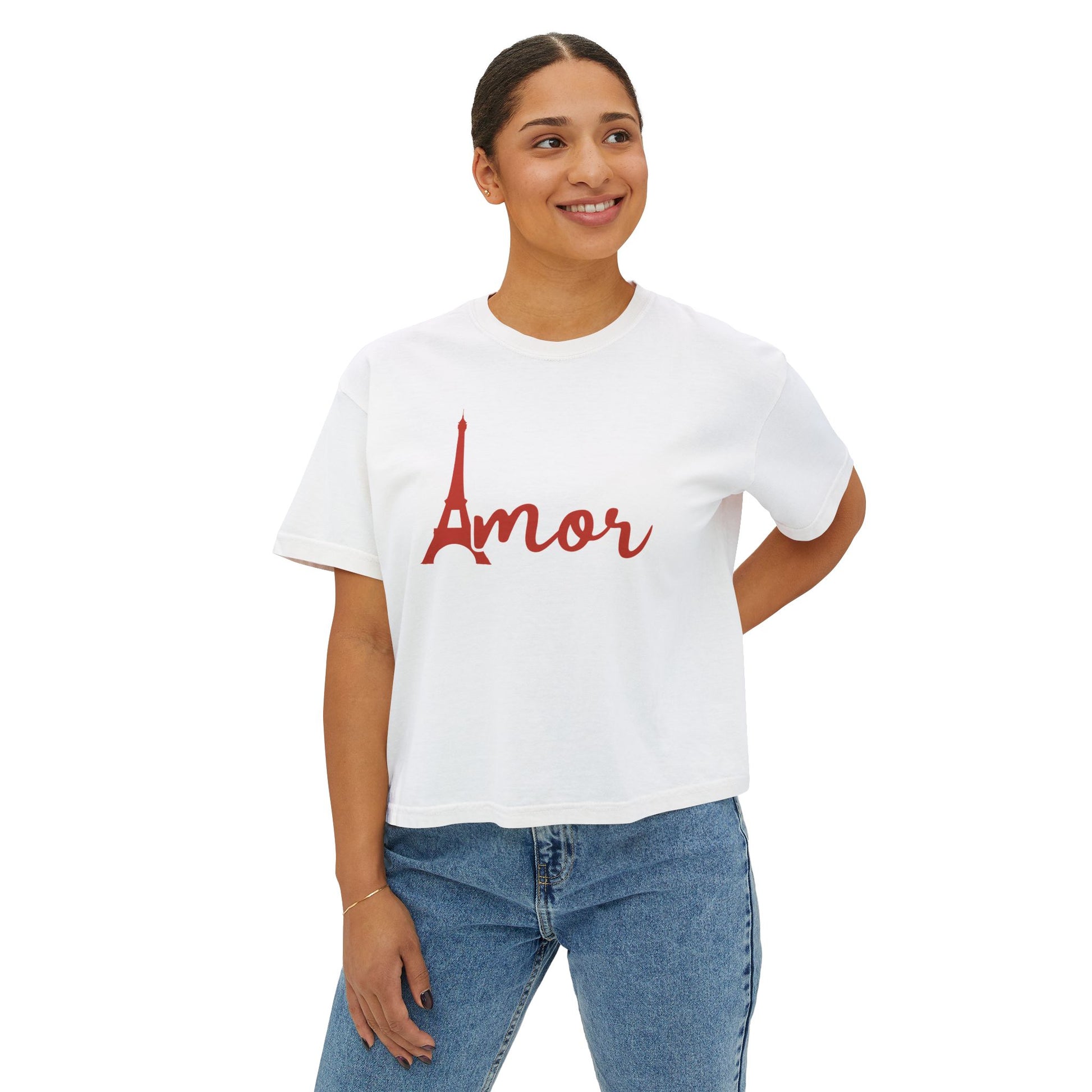 Amor Eiffel Tower Valentine Women's Boxy Tee — Cute Spanish Love Graphic
