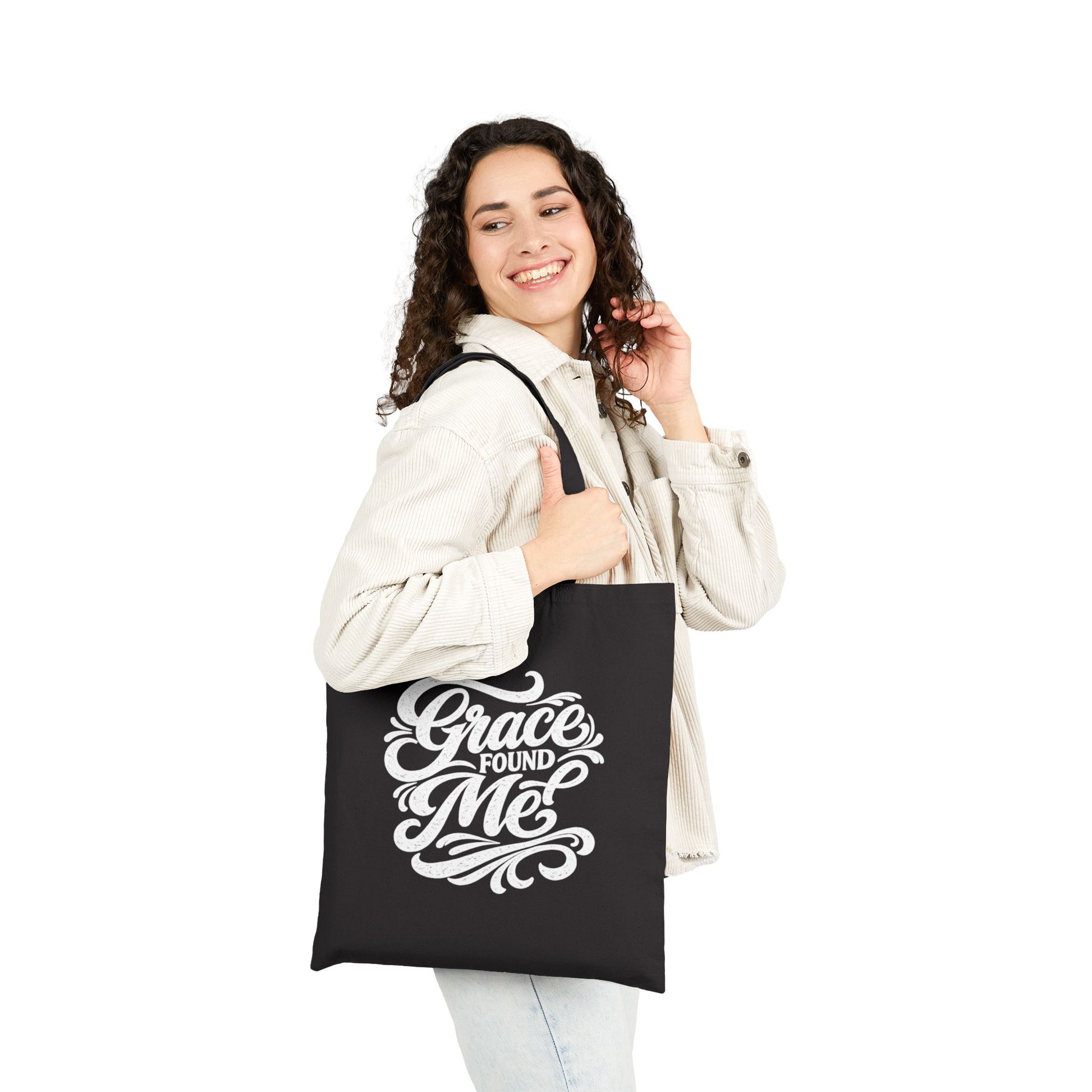 Canvas Tote Bag — "Grace Found Me" Inspirational Script Tote