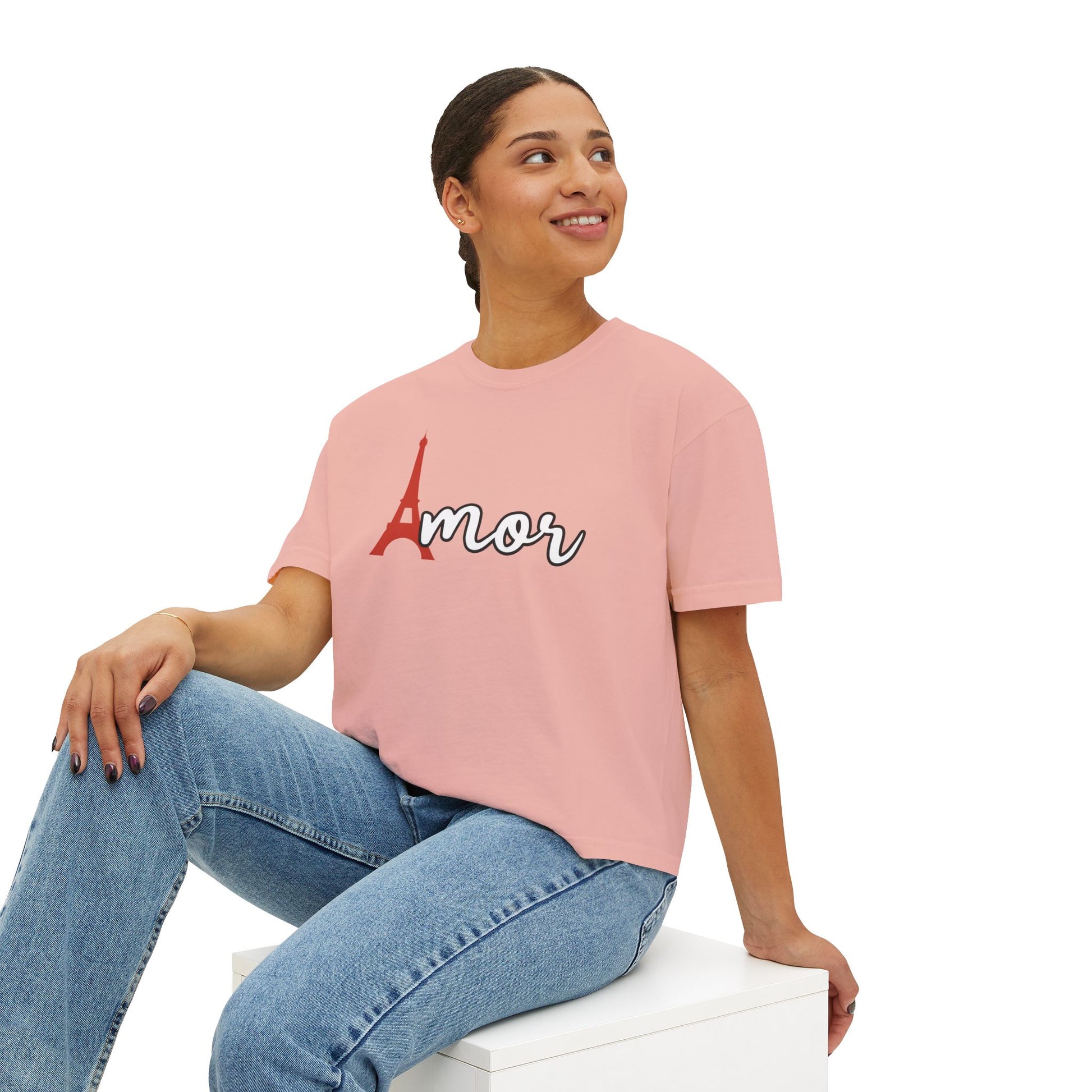 Amor Eiffel Tower Valentine Women's Boxy Tee — Cute Spanish Love Graphic