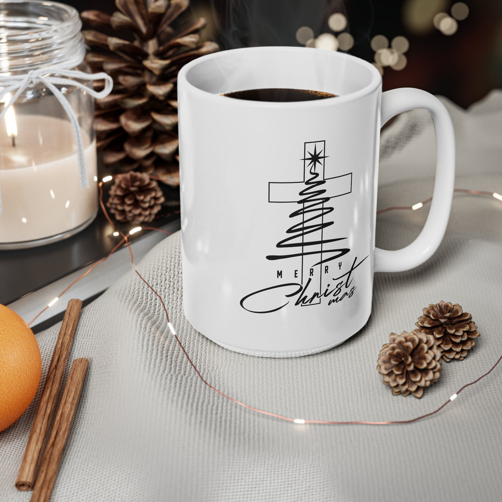 Ceramic Coffee Mug, Merry Christmas Cross Tree, Religious Christmas Gift, 11oz & 15oz