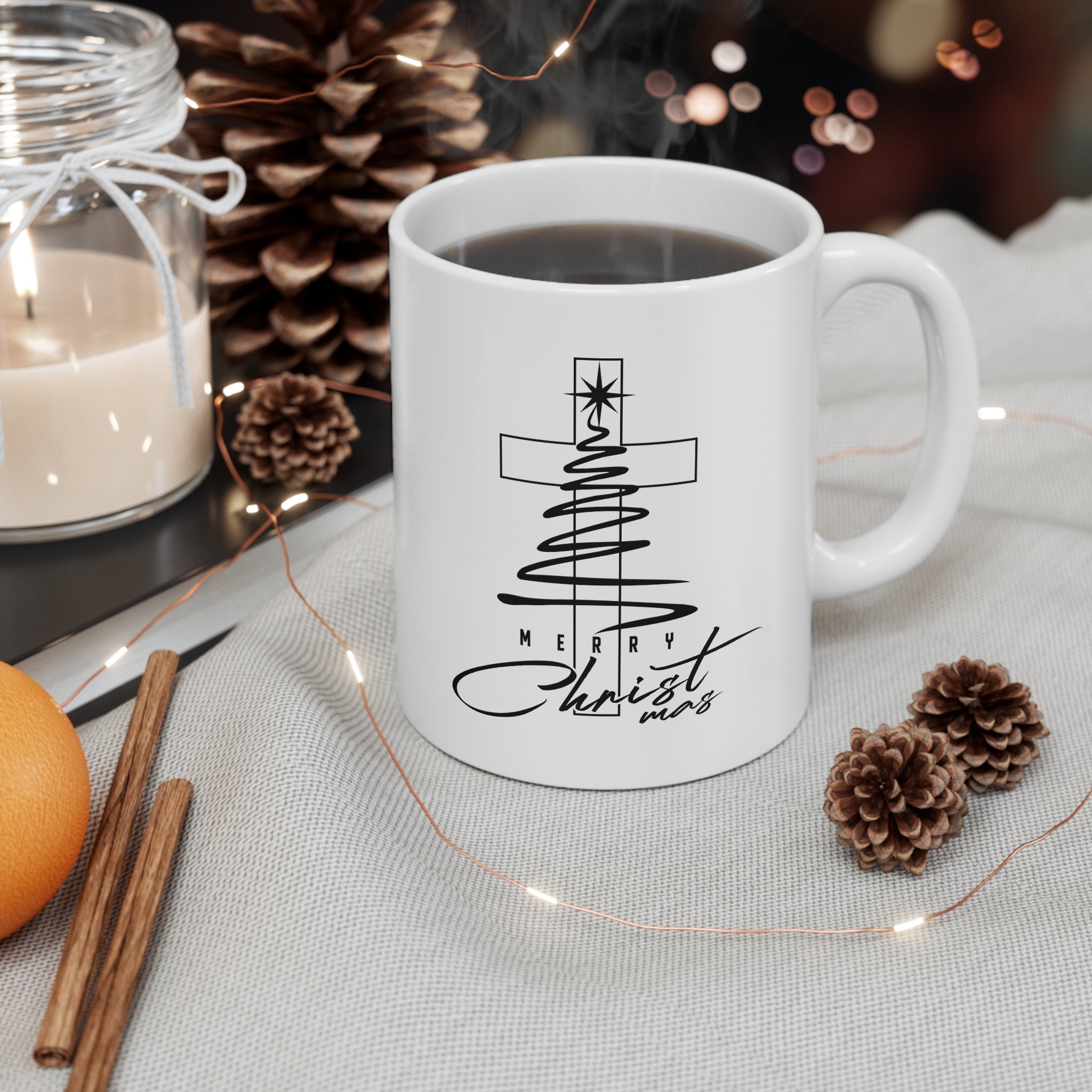 Ceramic Coffee Mug, Merry Christmas Cross Tree, Religious Christmas Gift, 11oz & 15oz