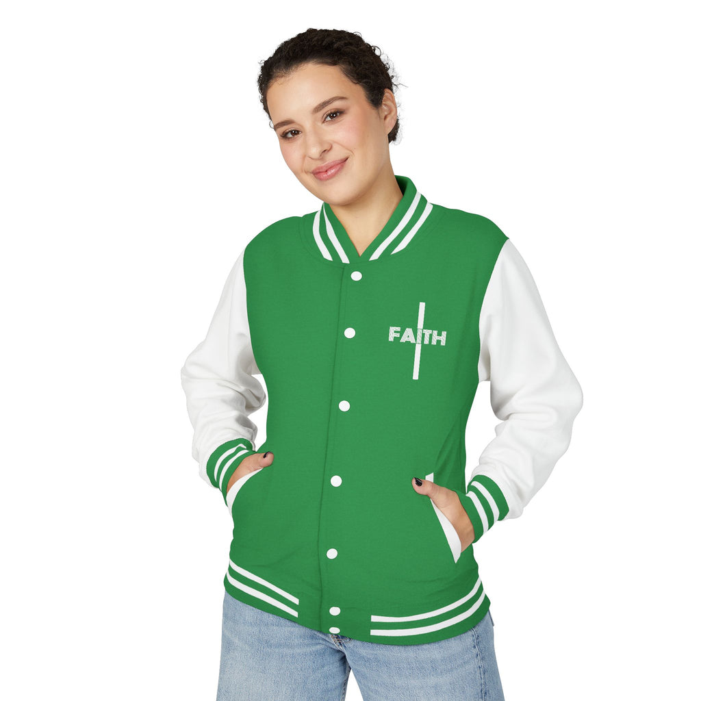 Unisex Heavyweight Letterman Jacket, Faith-based Jacket, Vintage Style Sports Jacket, College Spirit Wear, Casual Outwear, Gifts for Sports Lovers, Fall Fashion