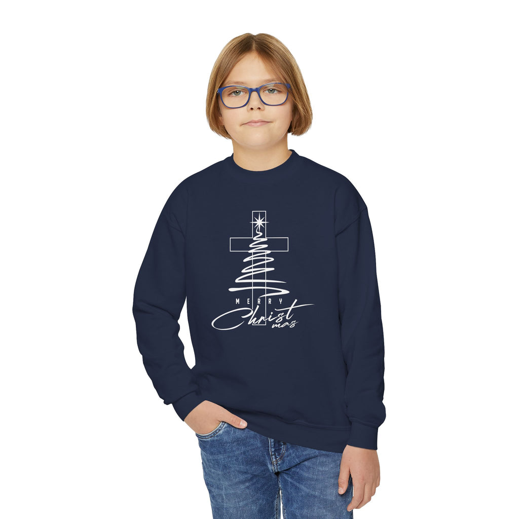Youth Crewneck Sweatshirt - Faith Christmas Cross Tree "No Greater Joy in Christ"
