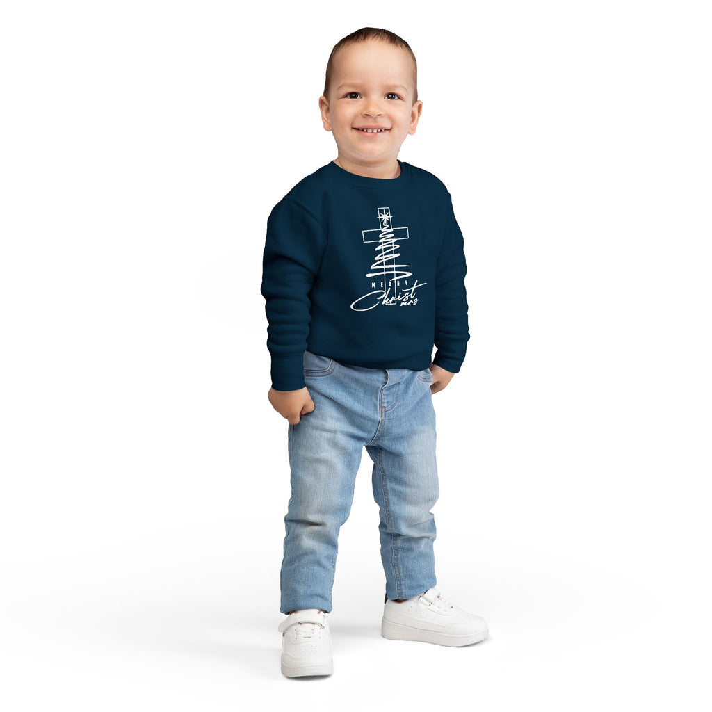 Toddler Sweatshirt - Minimalist Christmas Tree & Cross, Merry Christmas