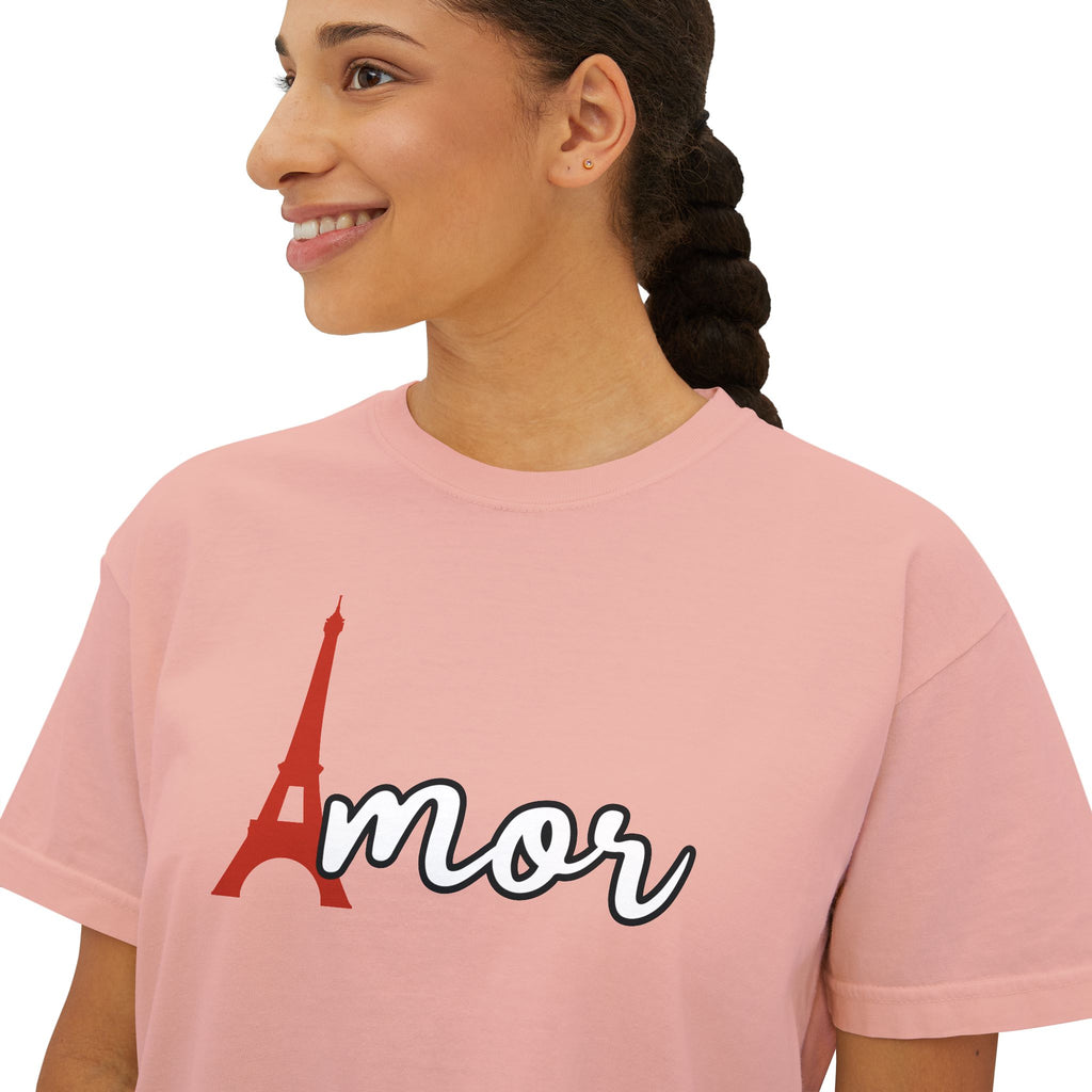 Amor Eiffel Tower Valentine Women's Boxy Tee — Cute Spanish Love Graphic