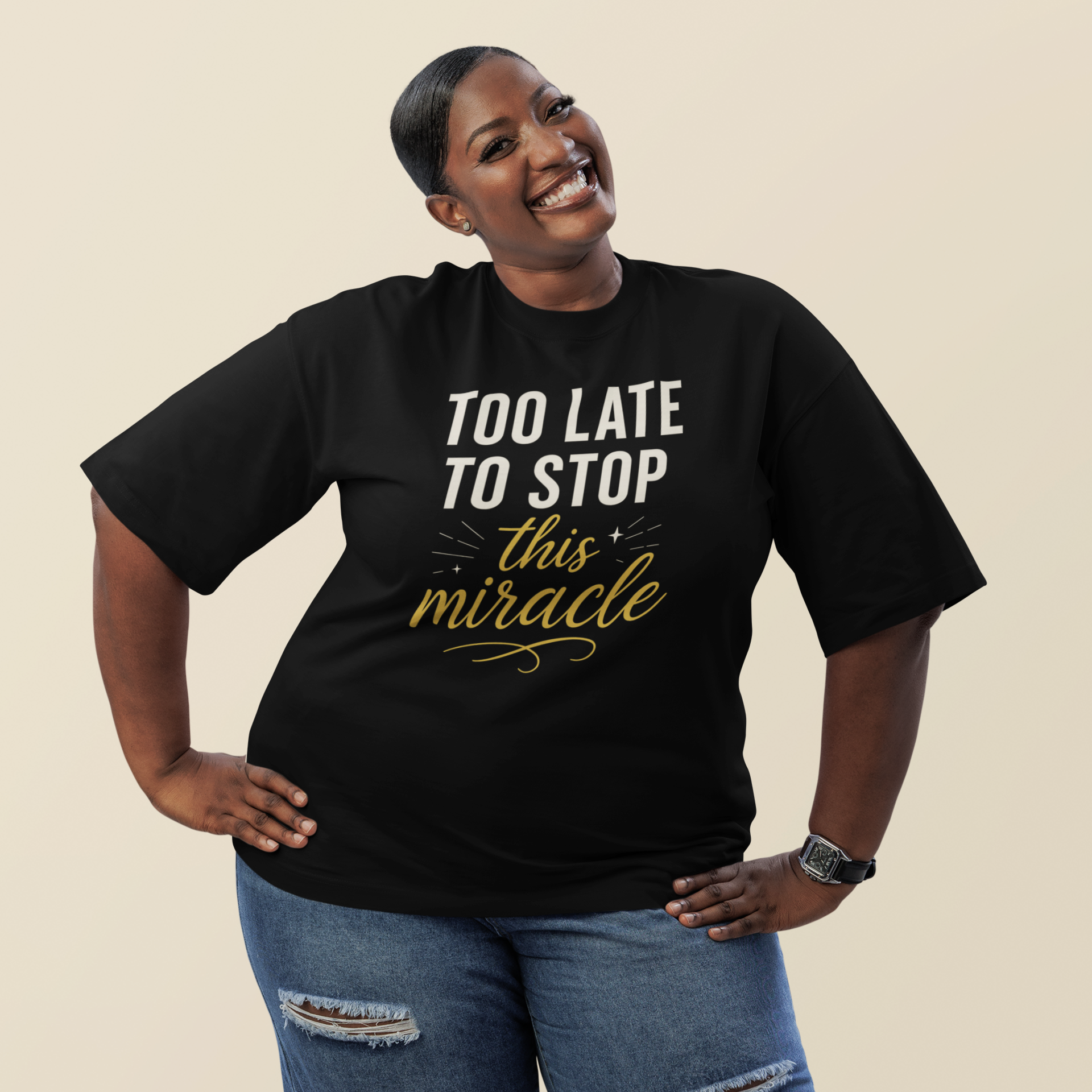 Beefy-T®  Short-Sleeve T-Shirt, Inspirational T-Shirt with 'Too Late to Stop This Miracle' Quote – Motivational Tee for Daily Wear, Gift, Charity Events