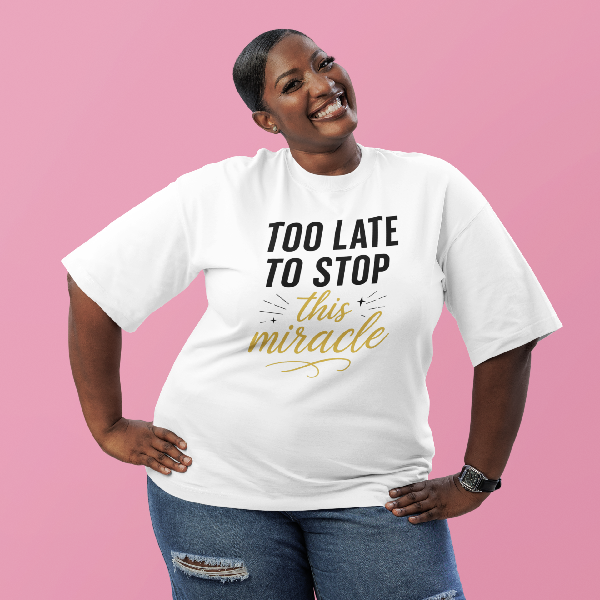 Beefy-T®  Short-Sleeve T-Shirt, Inspirational T-Shirt with 'Too Late to Stop This Miracle' Quote – Motivational Tee for Daily Wear, Gift, Charity Events