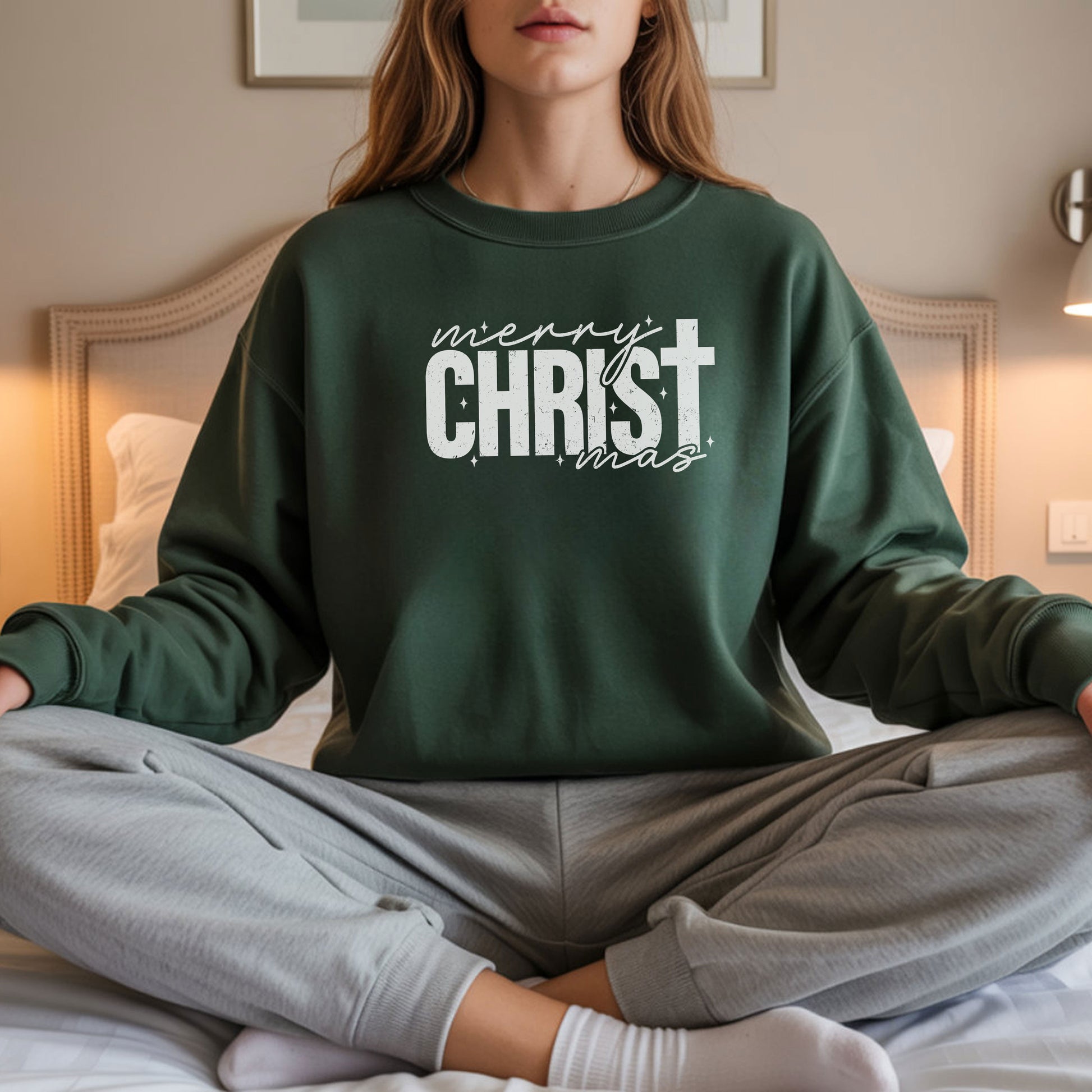 Merry Christmas Crewneck Sweatshirt Fabric Knit Long Sleeve Winter Casual Soft Medium Length Hoodie for Men and Women