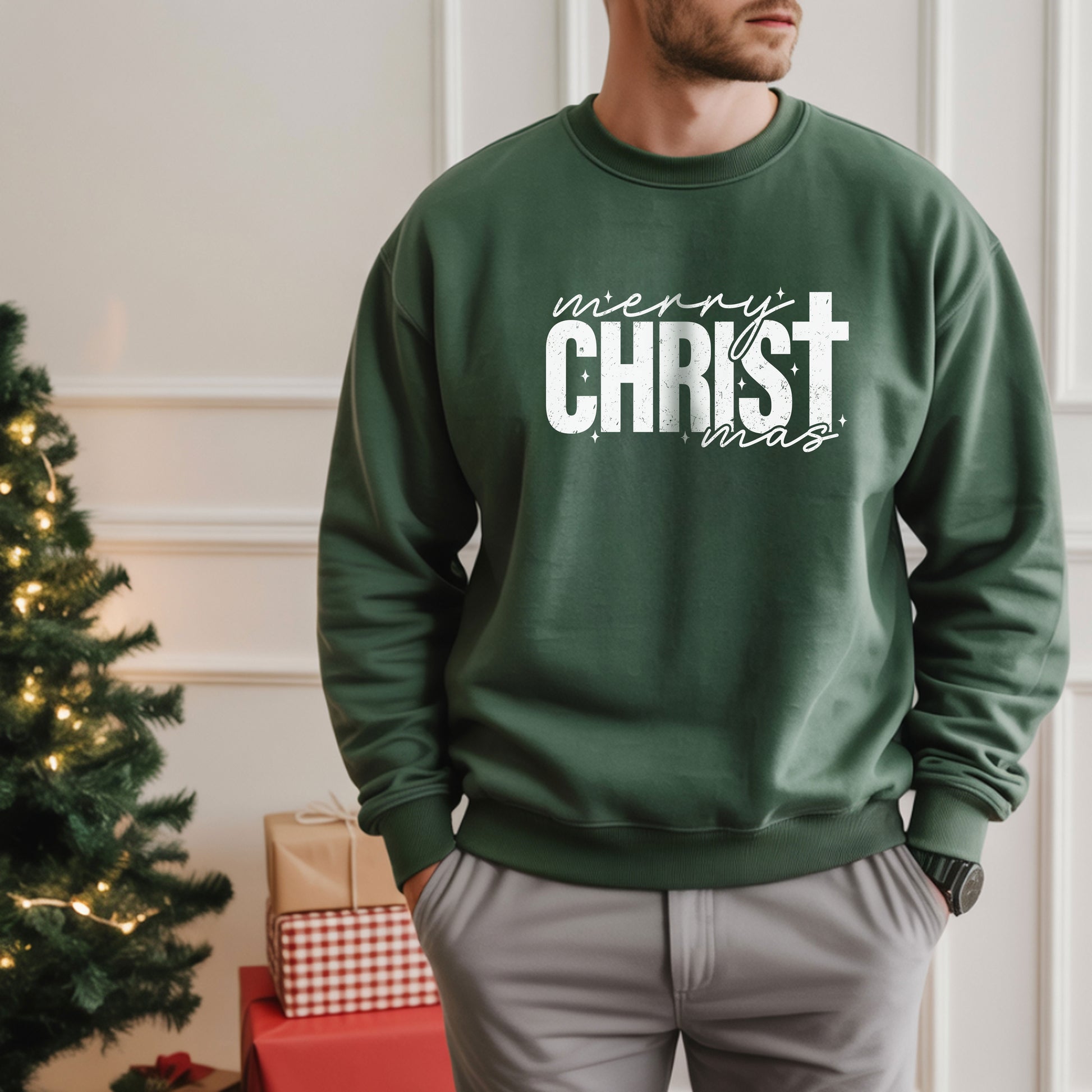 Merry Christmas Crewneck Sweatshirt Fabric Knit Long Sleeve Winter Casual Soft Medium Length Hoodie for Men and Women