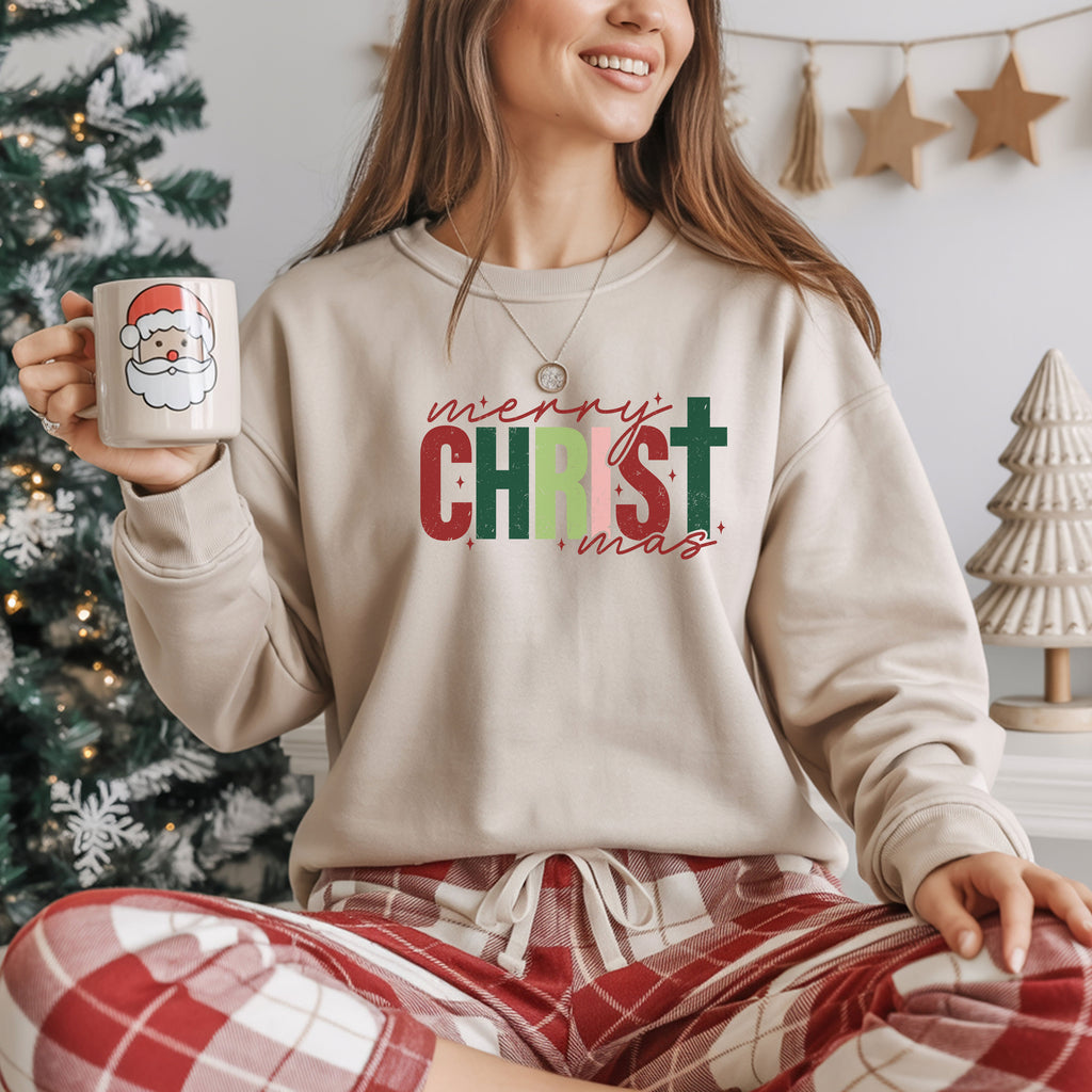 Merry Christmas Crewneck Sweatshirt Fabric Knit Long Sleeve Winter Casual Soft Medium Length Hoodie for Men and Women