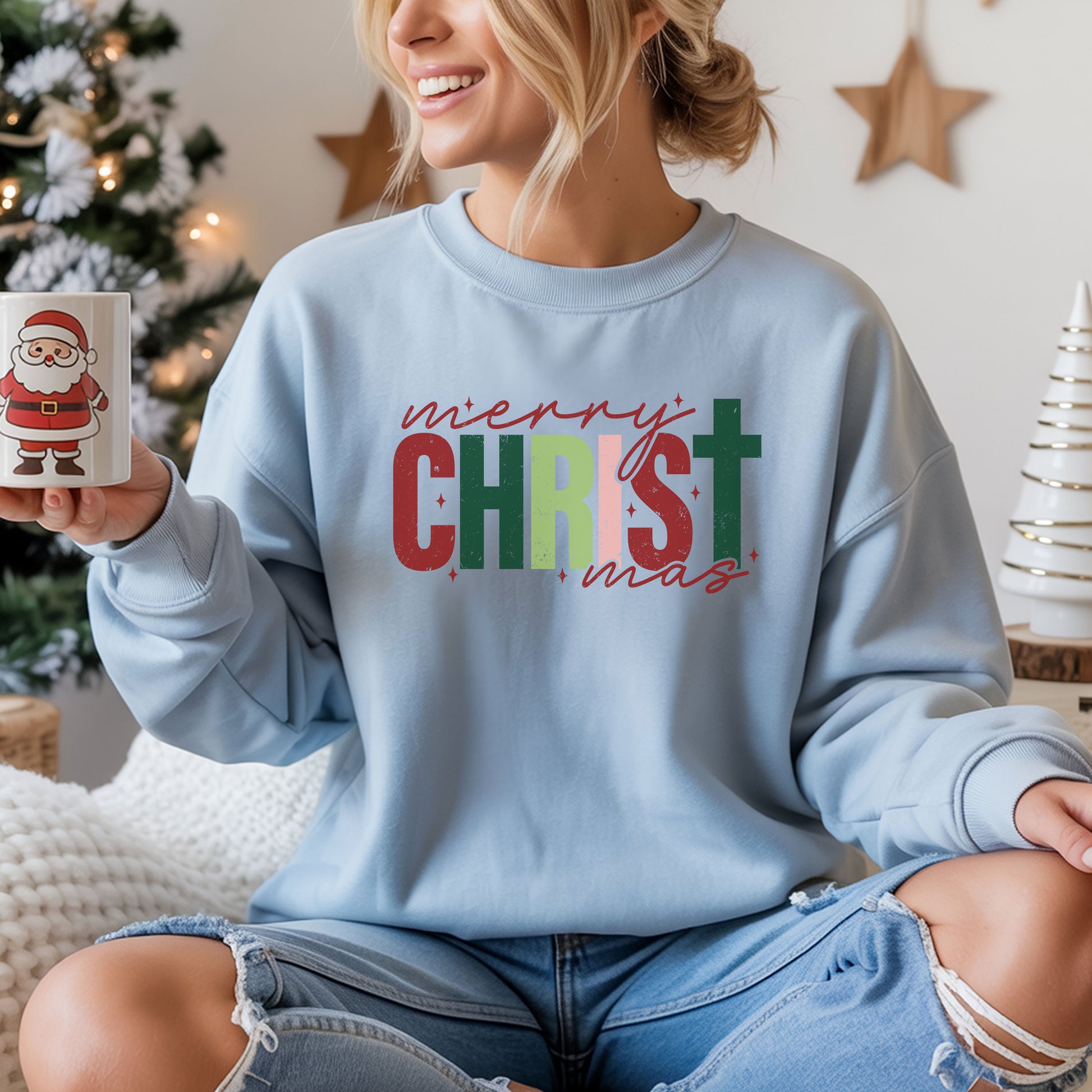 Merry Christmas Crewneck Sweatshirt Fabric Knit Long Sleeve Winter Casual Soft Medium Length Hoodie for Men and Women