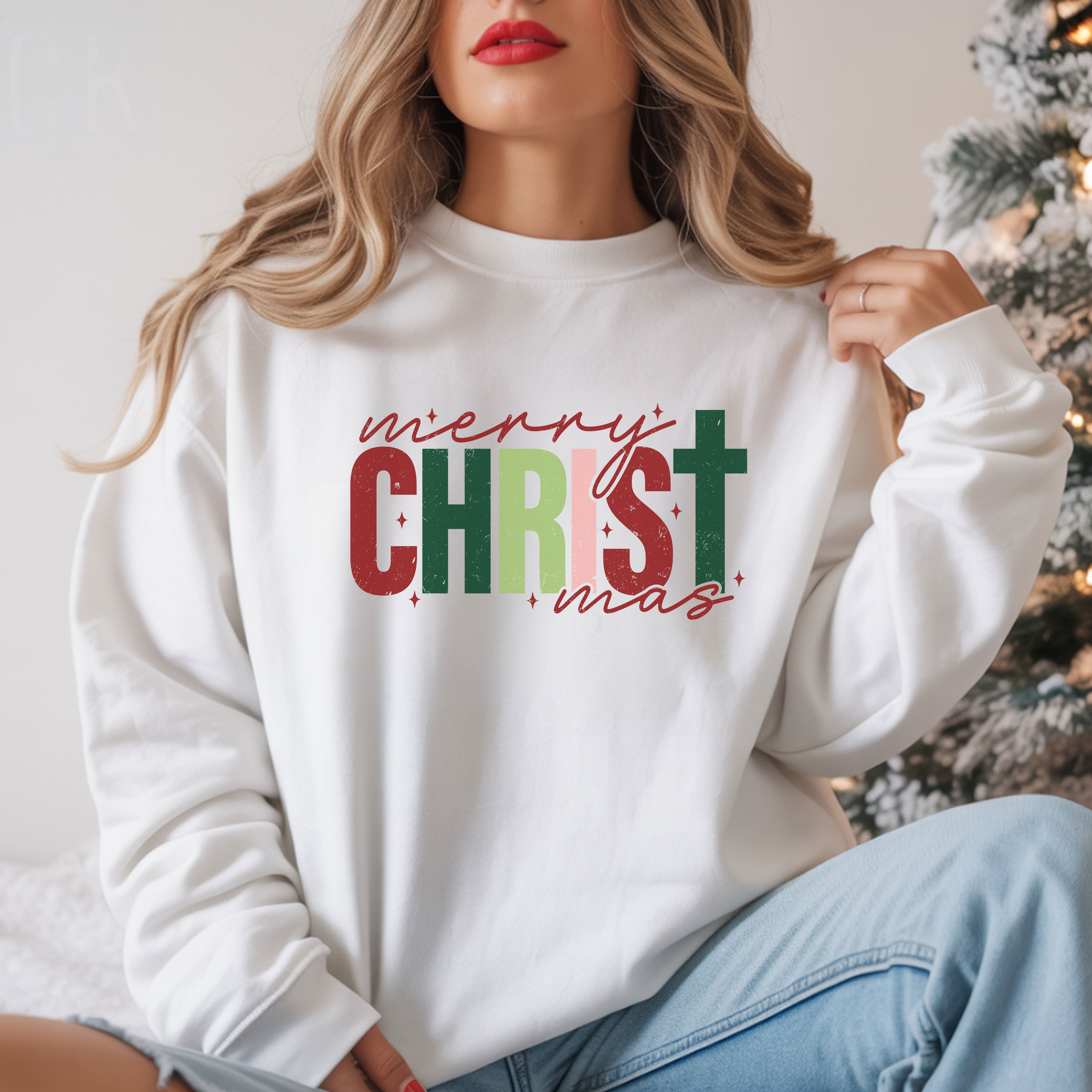Merry Christmas Crewneck Sweatshirt Fabric Knit Long Sleeve Winter Casual Soft Medium Length Hoodie for Men and Women