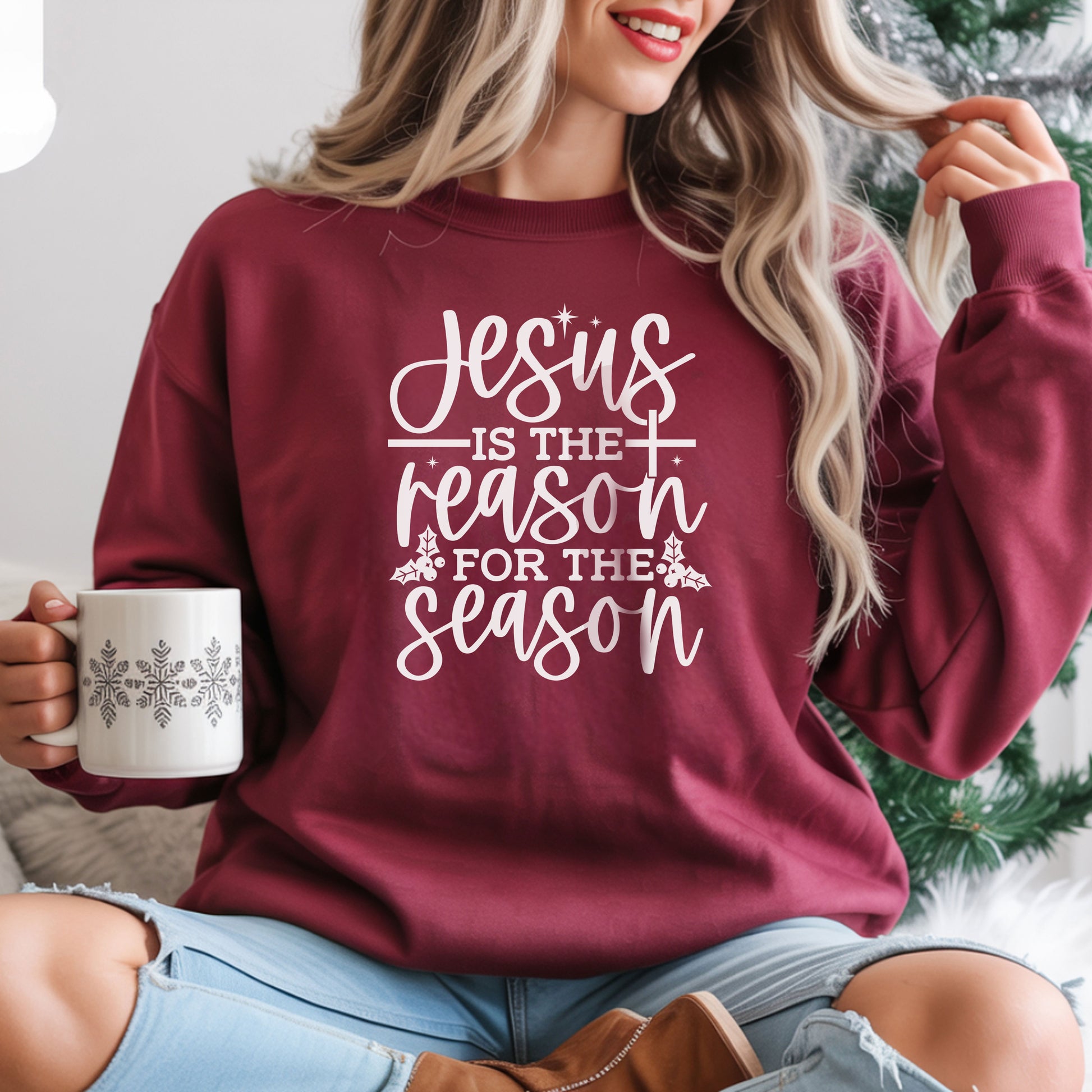 Jesus is the Reason for the Season, Christmas Crewneck Sweatshirt Fabric Knit Long Sleeve Winter Casual Soft Medium Length Hoodie for Men and Women
