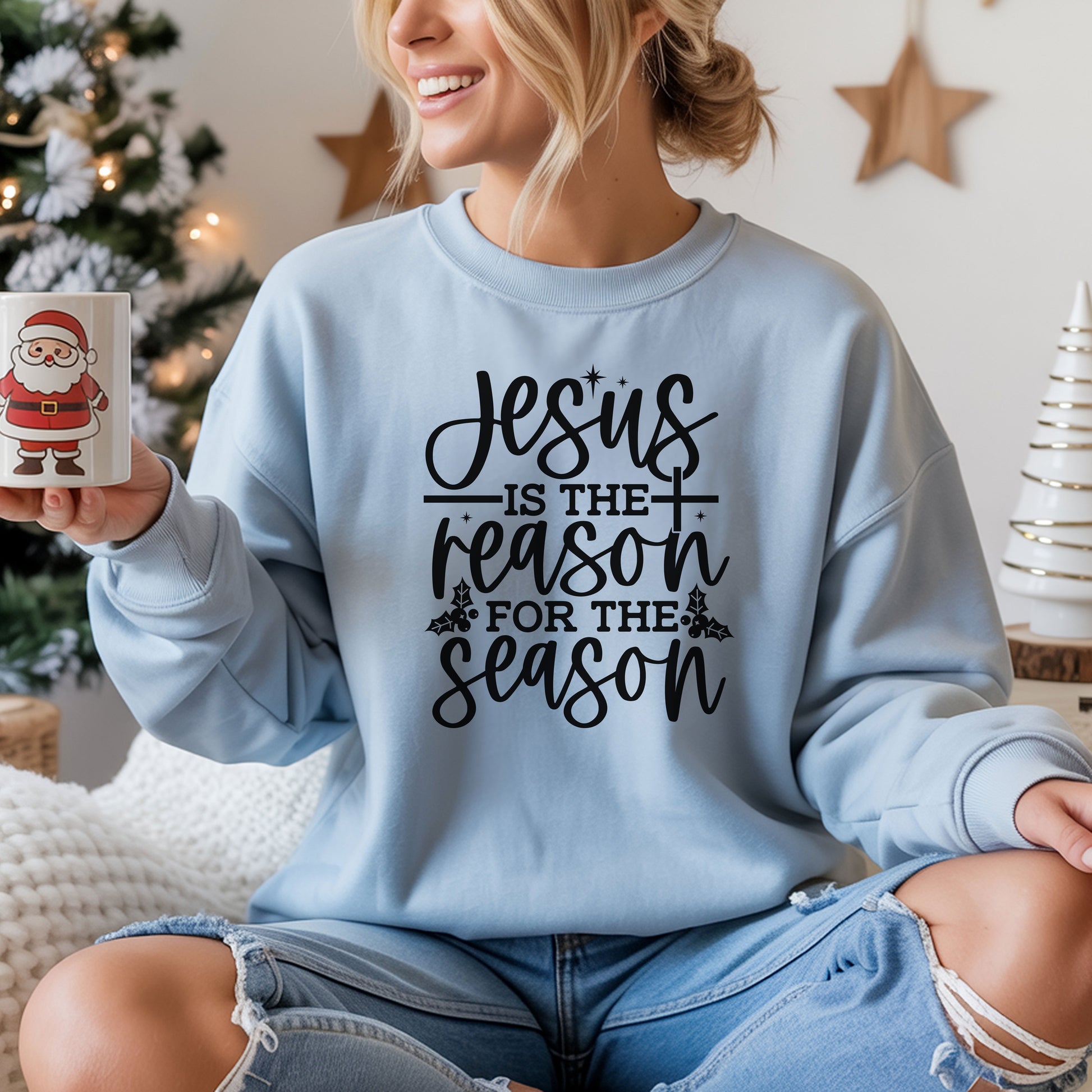Jesus is the Reason for the Season, Christmas Crewneck Sweatshirt Fabric Knit Long Sleeve Winter Casual Soft Medium Length Hoodie for Men and Women