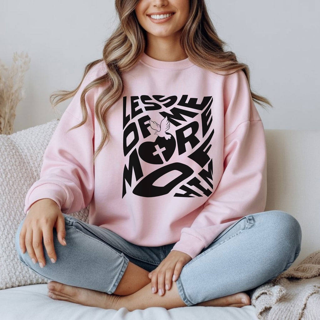 Cozy Unisex Heavy Blend™ Crewneck Sweatshirt featuring a 'Less of Me, More of Him' religious quote