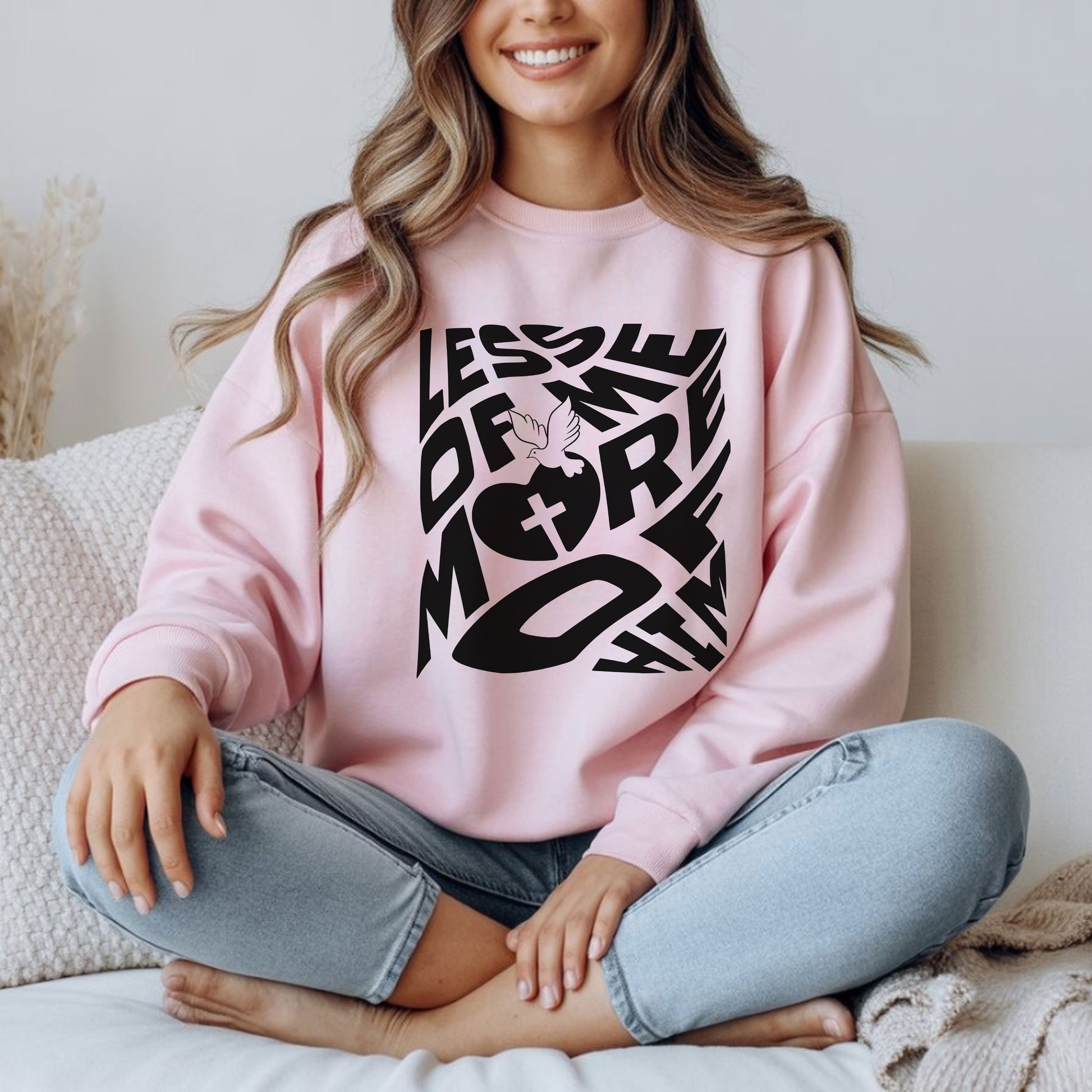 Cozy Unisex Heavy Blend™ Crewneck Sweatshirt featuring a 'Less of Me, More of Him' religious quote