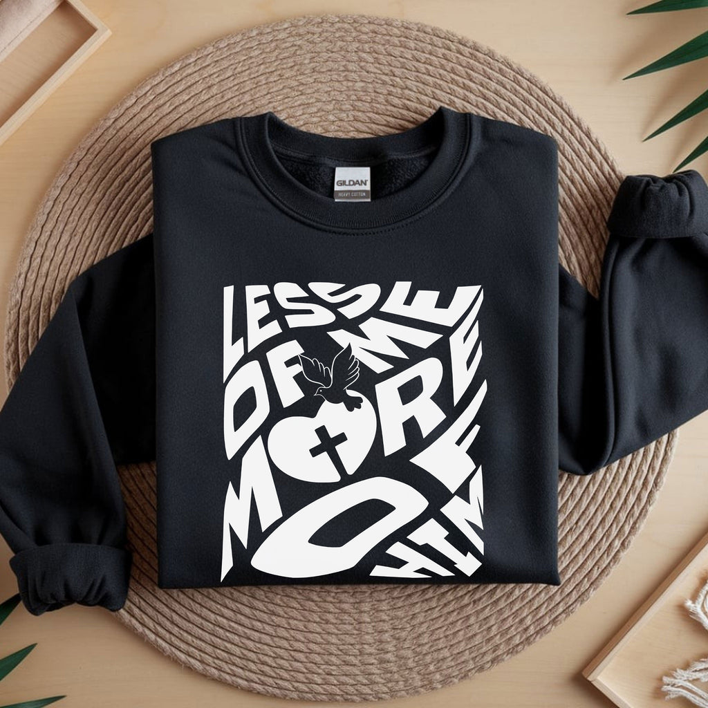 Cozy Unisex Heavy Blend™ Crewneck Sweatshirt featuring a 'Less of Me, More of Him' religious quote