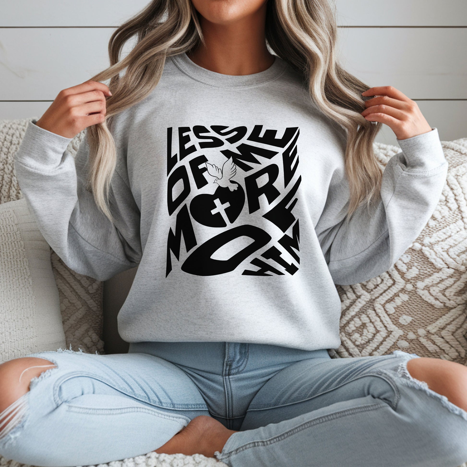 Cozy Unisex Heavy Blend™ Crewneck Sweatshirt featuring a 'Less of Me, More of Him' religious quote