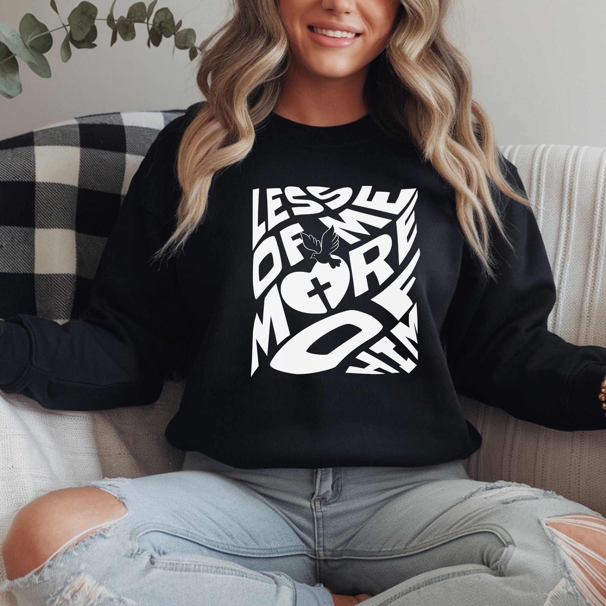 Cozy Unisex Heavy Blend™ Crewneck Sweatshirt featuring a 'Less of Me, More of Him' religious quote