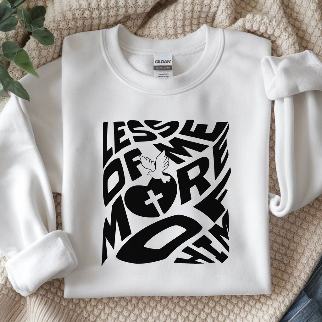 Cozy Unisex Heavy Blend™ Crewneck Sweatshirt featuring a 'Less of Me, More of Him' religious quote