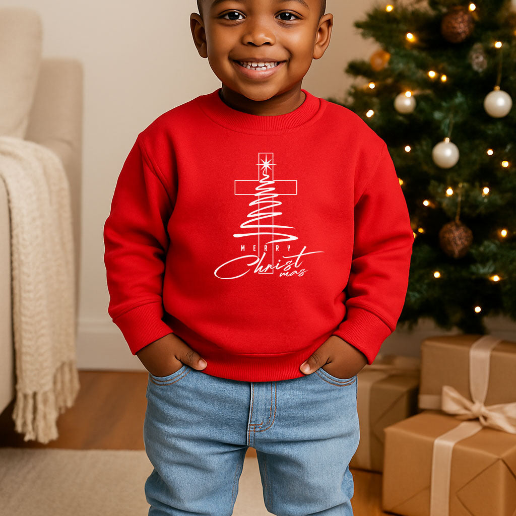 Toddler Sweatshirt — Christmas Tree & Cross "Merry Christmas"
