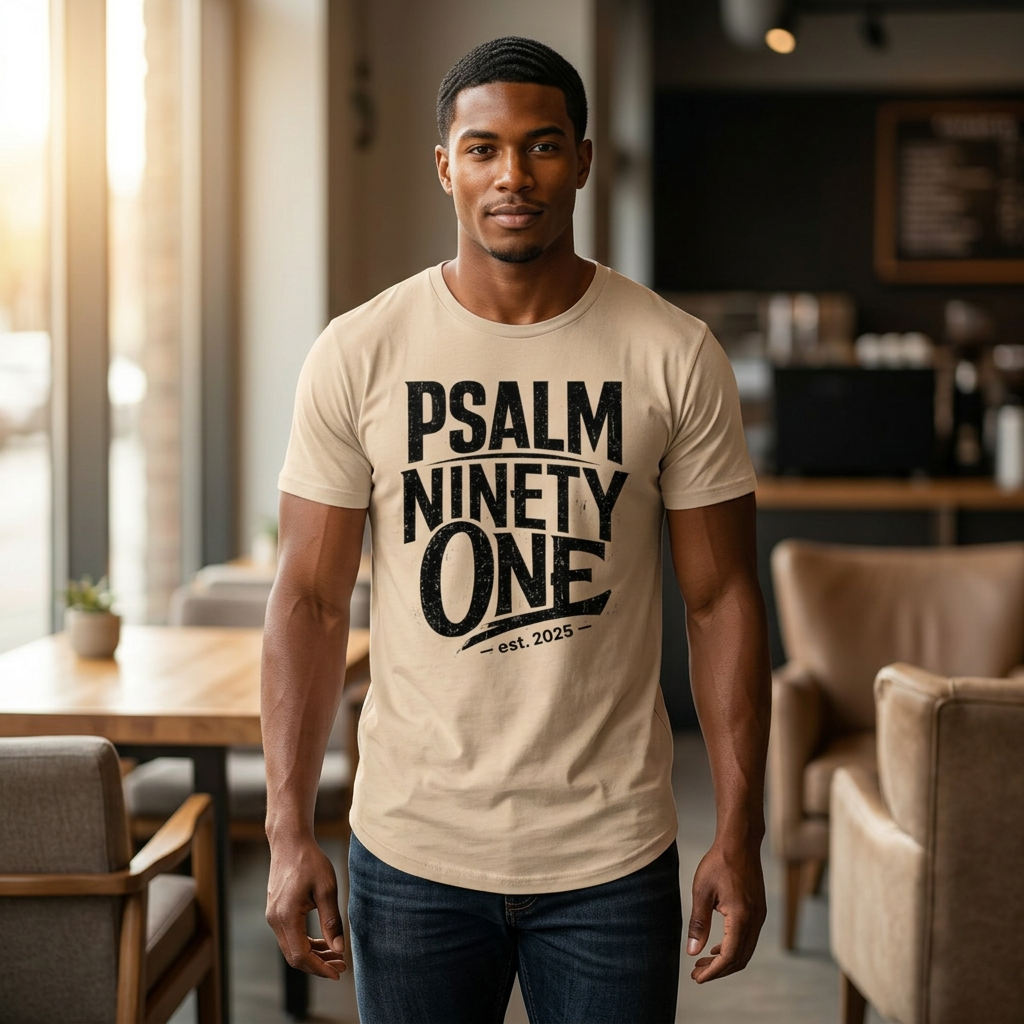 Psalm 91 Men's Curved Hem Tee — Stylish Graphic Streetwear Gift