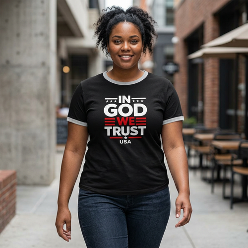 'In God We Trust, USA' Women's Ringer Tee — Patriotic Christian Graphic Shirt