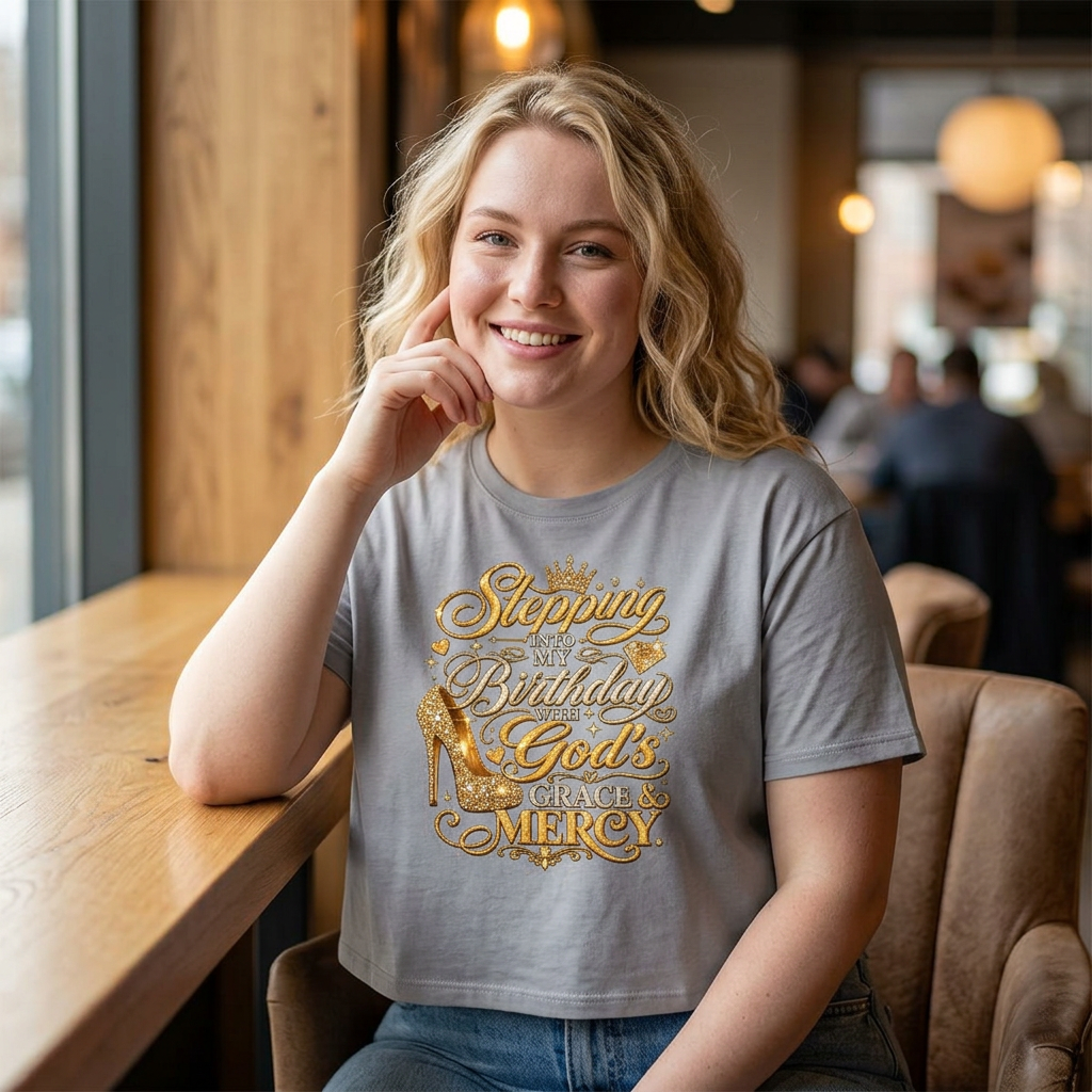 Birthday Gospel Tee — "Stepping into My Birthday with God's Mercy" Women's Boxy Tee