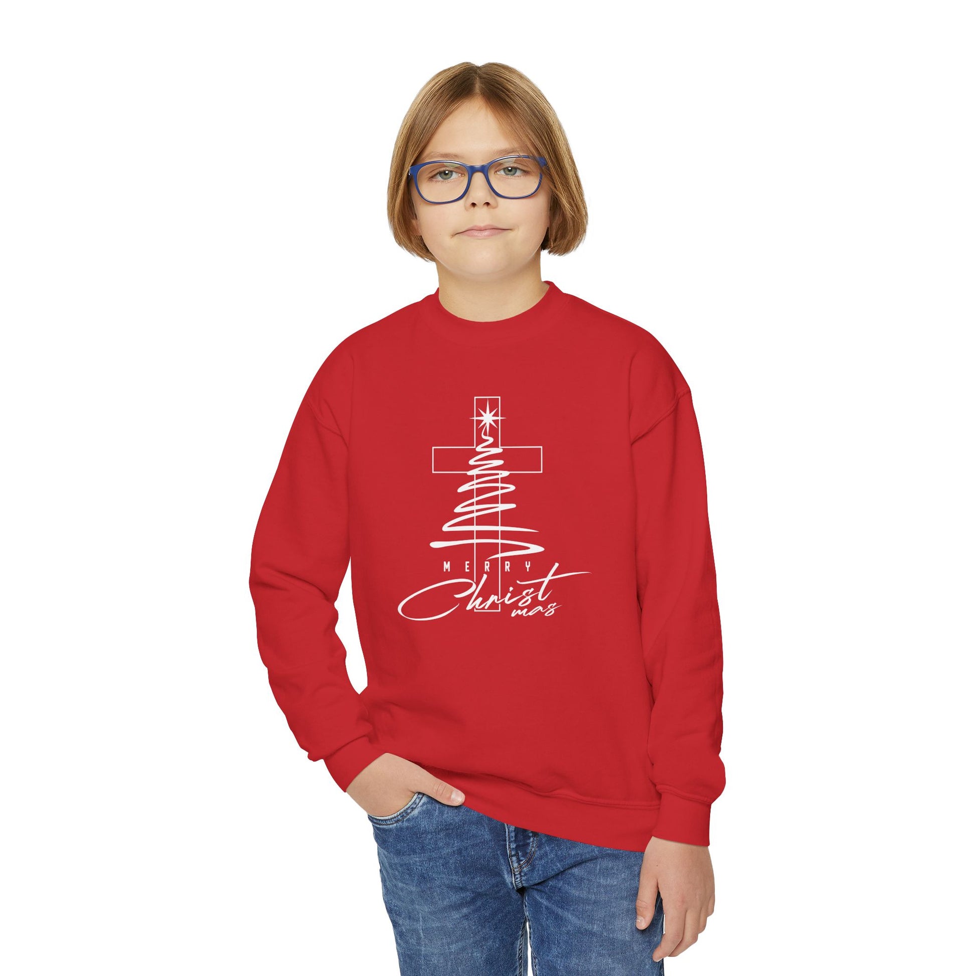 Youth Crewneck Sweatshirt - Faith Christmas Cross Tree "No Greater Joy in Christ"