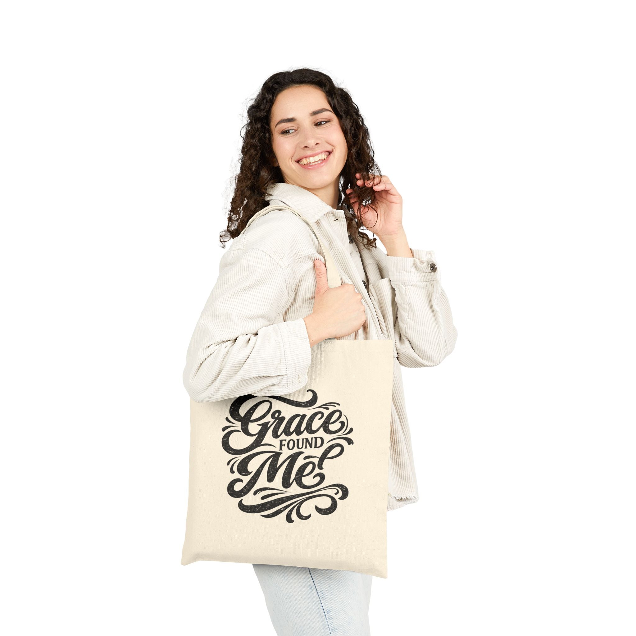 Canvas Tote Bag — "Grace Found Me" Inspirational Script Tote