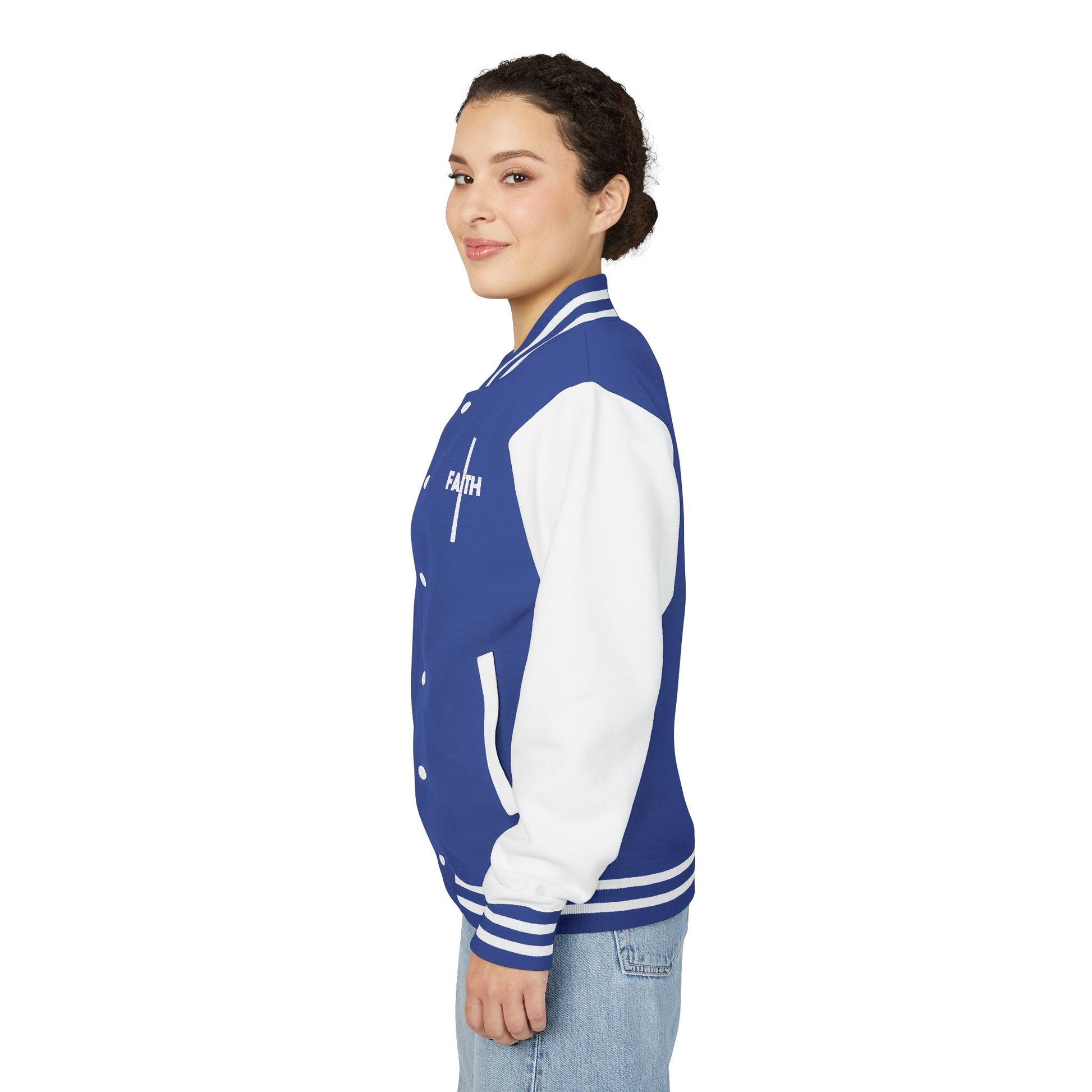 Unisex Heavyweight Letterman Jacket, Faith-based Jacket, Vintage Style Sports Jacket, College Spirit Wear, Casual Outwear, Gifts for Sports Lovers, Fall Fashion