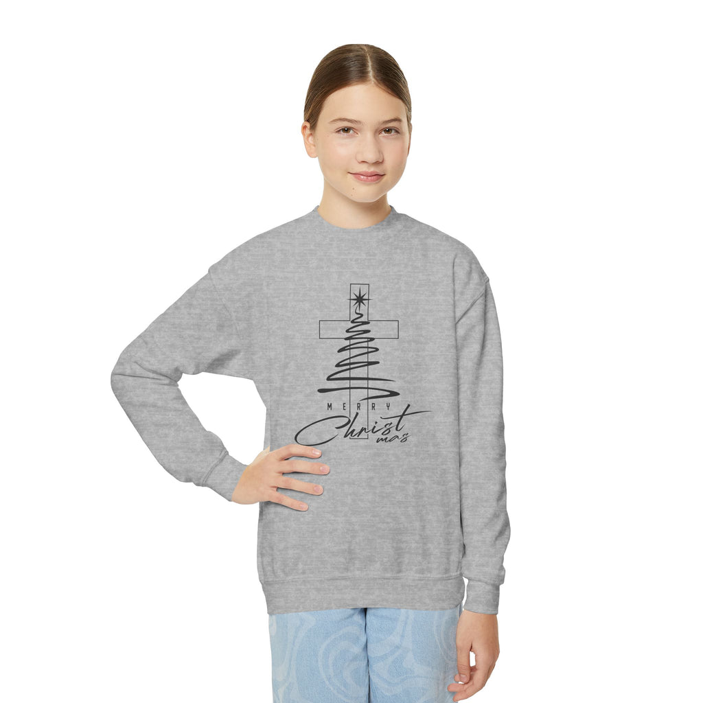 Youth Crewneck Sweatshirt - Faith Christmas Cross Tree "No Greater Joy in Christ"
