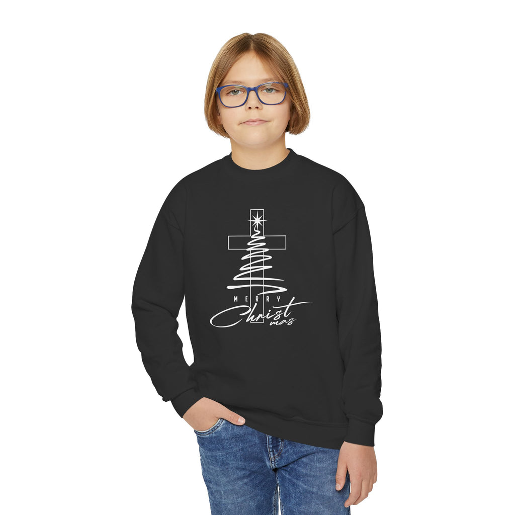 Youth Crewneck Sweatshirt - Faith Christmas Cross Tree "No Greater Joy in Christ"