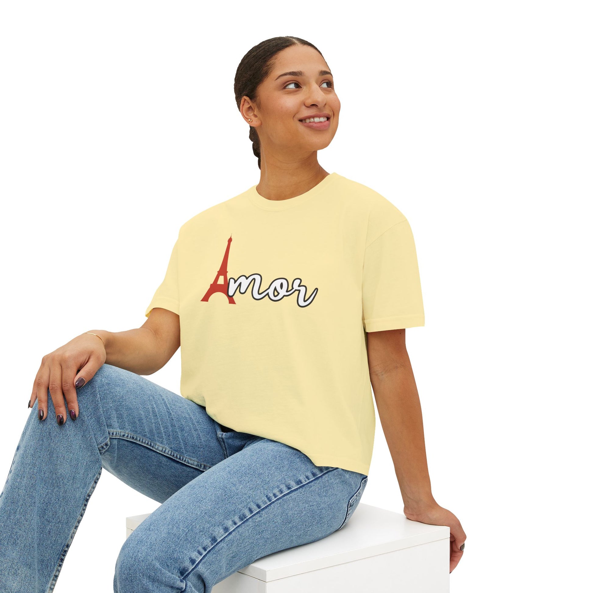 Amor Eiffel Tower Valentine Women's Boxy Tee — Cute Spanish Love Graphic