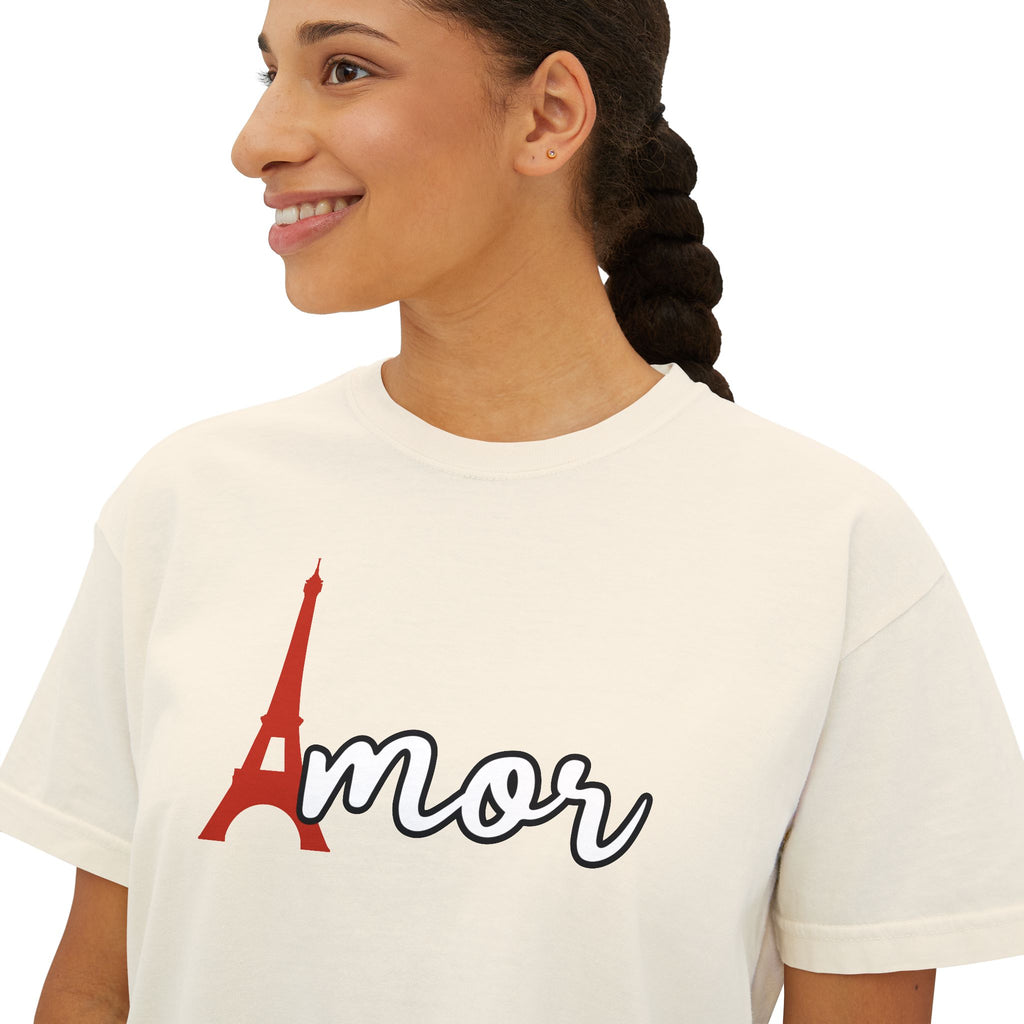 Amor Eiffel Tower Valentine Women's Boxy Tee — Cute Spanish Love Graphic