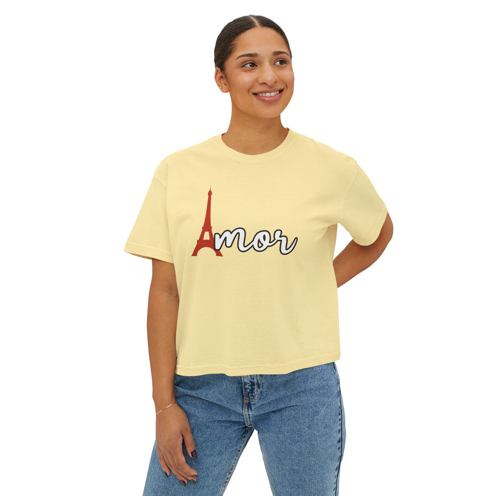 Amor Eiffel Tower Valentine Women's Boxy Tee — Cute Spanish Love Graphic