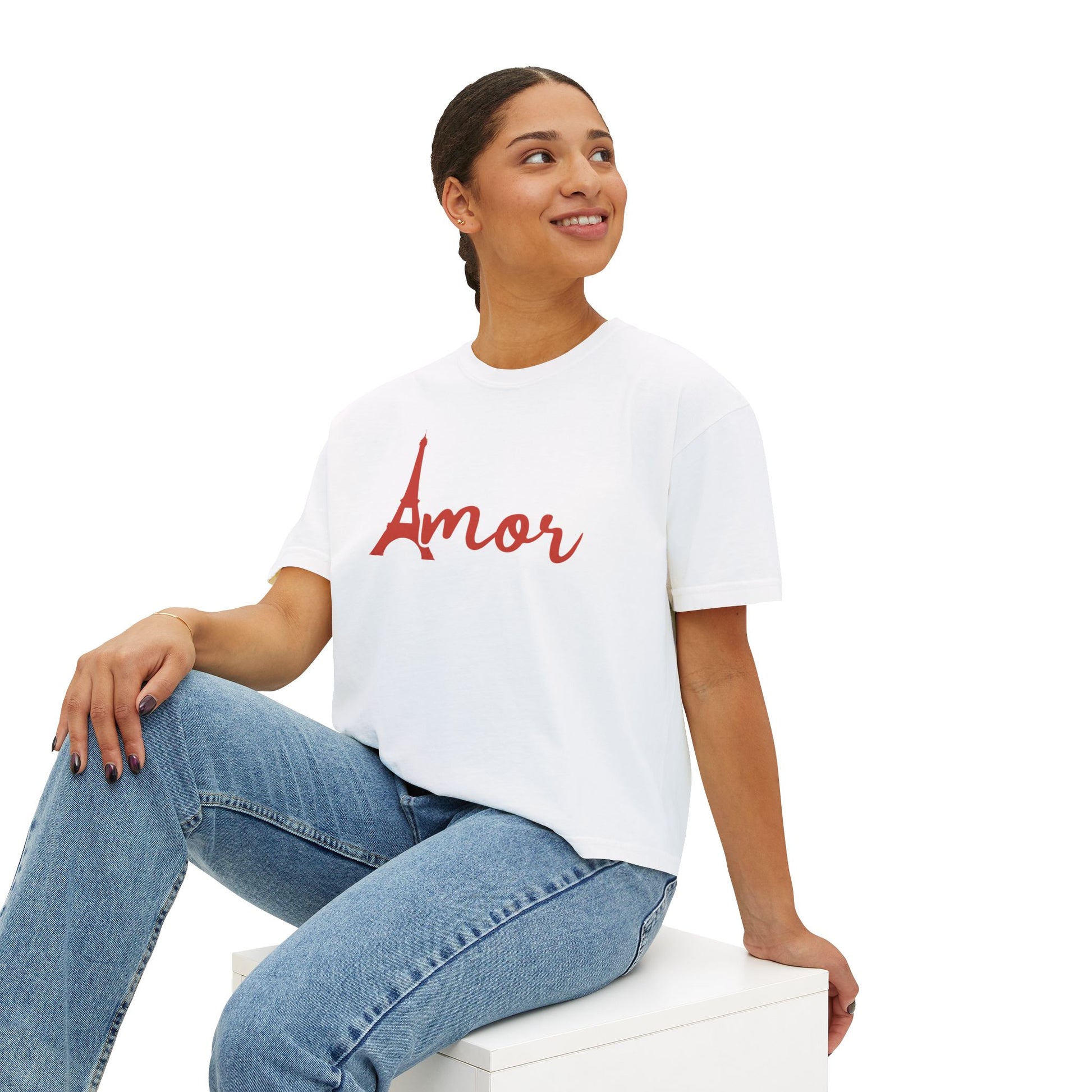 Amor Eiffel Tower Valentine Women's Boxy Tee — Cute Spanish Love Graphic