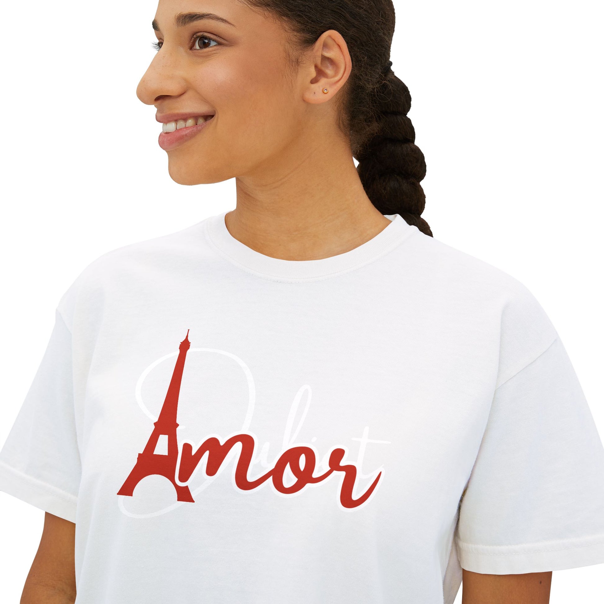 Amor Eiffel Tower Valentine Women's Boxy Tee — Cute Spanish Love Graphic