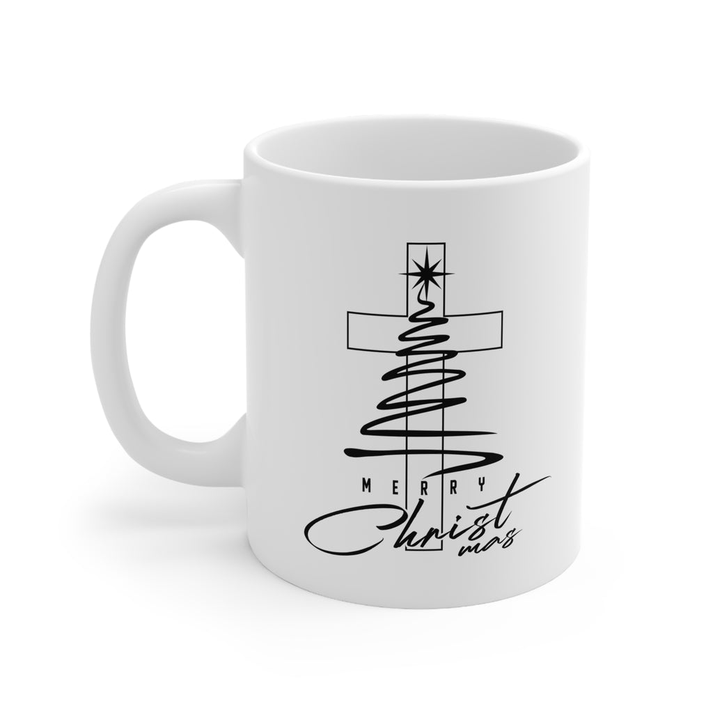 Ceramic Coffee Mug, Merry Christmas Cross Tree, Religious Christmas Gift, 11oz & 15oz